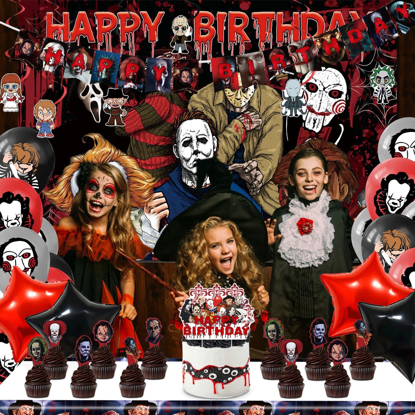Taeku Horror Birthday Party Decorations β 50 Pcs Halloween Theme Kit with Banner, Balloons, Cake Toppers, Backdrop & Tablecloth β Scary Party Supplies for Kids & Adults