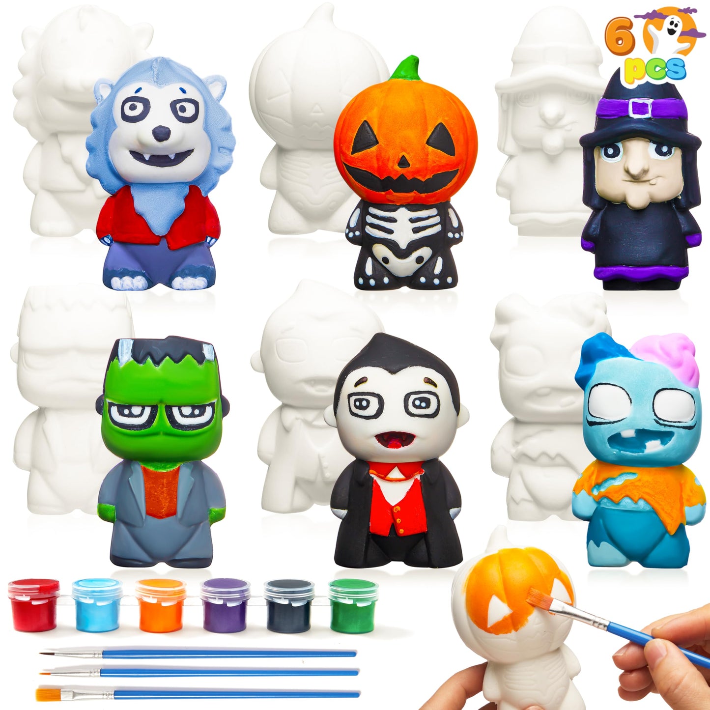 JOYIN Halloween Squishy Toys Coloring Craft Kit with 6 Different Characters, 6 Colors Paints, and 3 Paintbrushes, Art Craft Painting Kit DIY Set Halloween Party Games for Kids Activities Party Favors