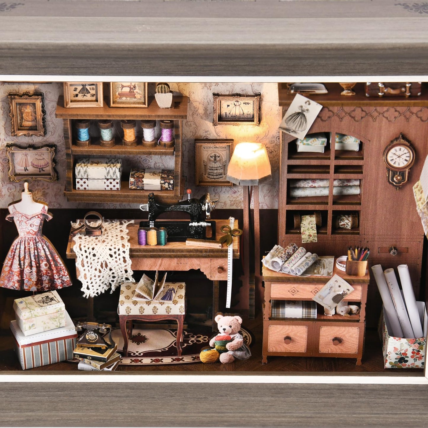 Book Nook Kit - 3D Wooden Puzzle with LED Switch Control & Wall-Mountable Frame,DIY Miniature House for Beginners,Bookshelf/Tabletop/Wall Decor for Craft Lovers,Dollhouse Gift (Lily Sewing Shop)