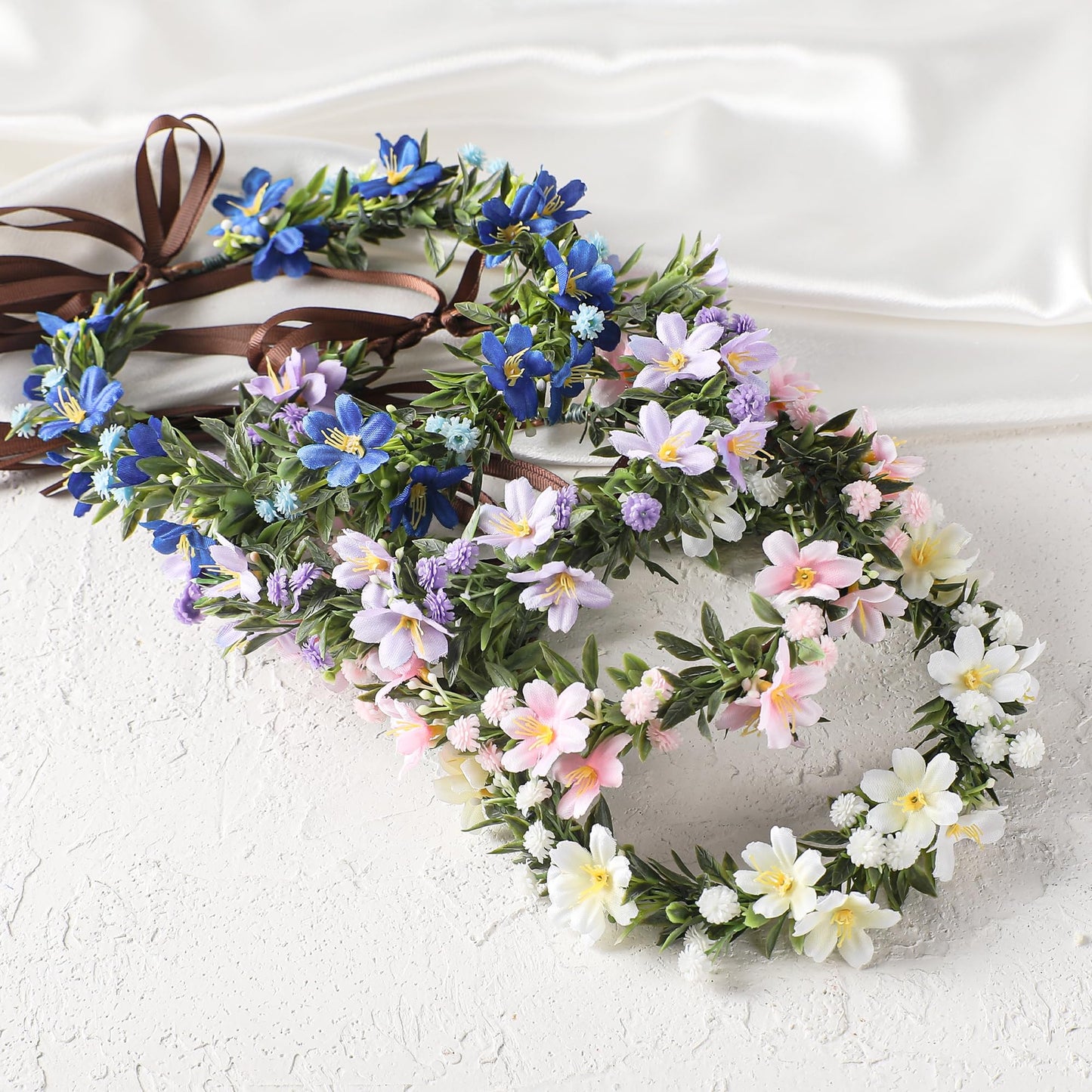 KorViSHOW Fairy Blue Flower Crown, Artificial Boho Floral Headpiece, Elf Forest Flower Headband with Ribbon for Women Girls Renaissance Faire Cosplay Birthday Wedding Festival Party Hair Accessory