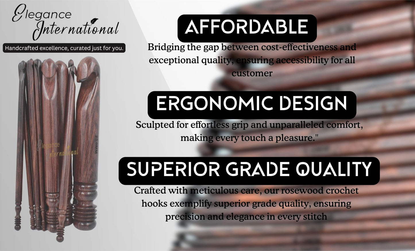 Wooden Crochet Hooks Set of 15-3.5mm to 25mm - Rosewood Crochet Hooks for Arthritic Hands- Crochet Hooks Ergonomic Soft Grip Handle - for Crocheting & Knitting - Christmas Gifts for Her(Set of 15)