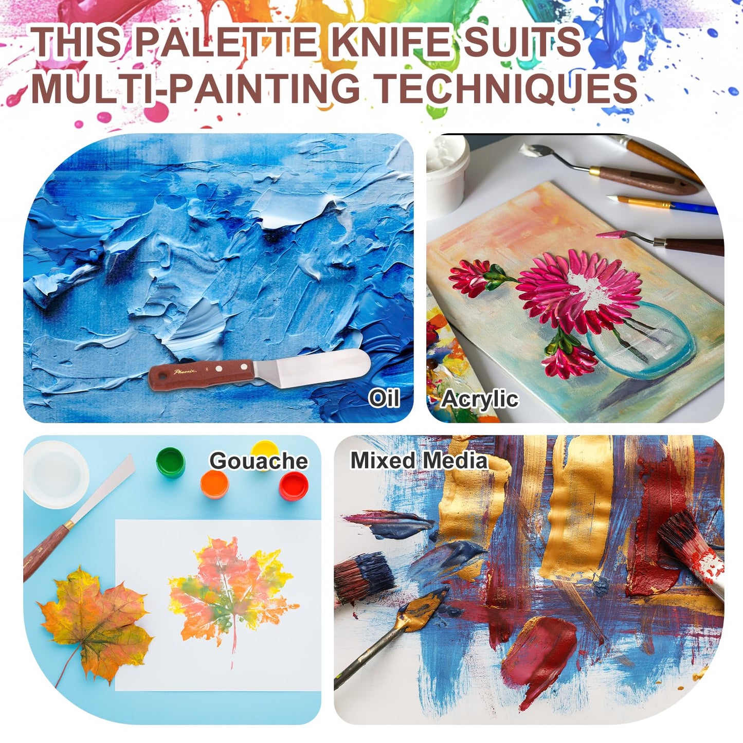 MECCANIXITY 3Pcs Palette Knife Type A, 17.5/18.5/19.2cm Long Palette Knives with Stainless Steel Flexible Spatula Pallet Knife and Wood Handle for Scraping, Mixing, Oil Acrylic Painting Canvas