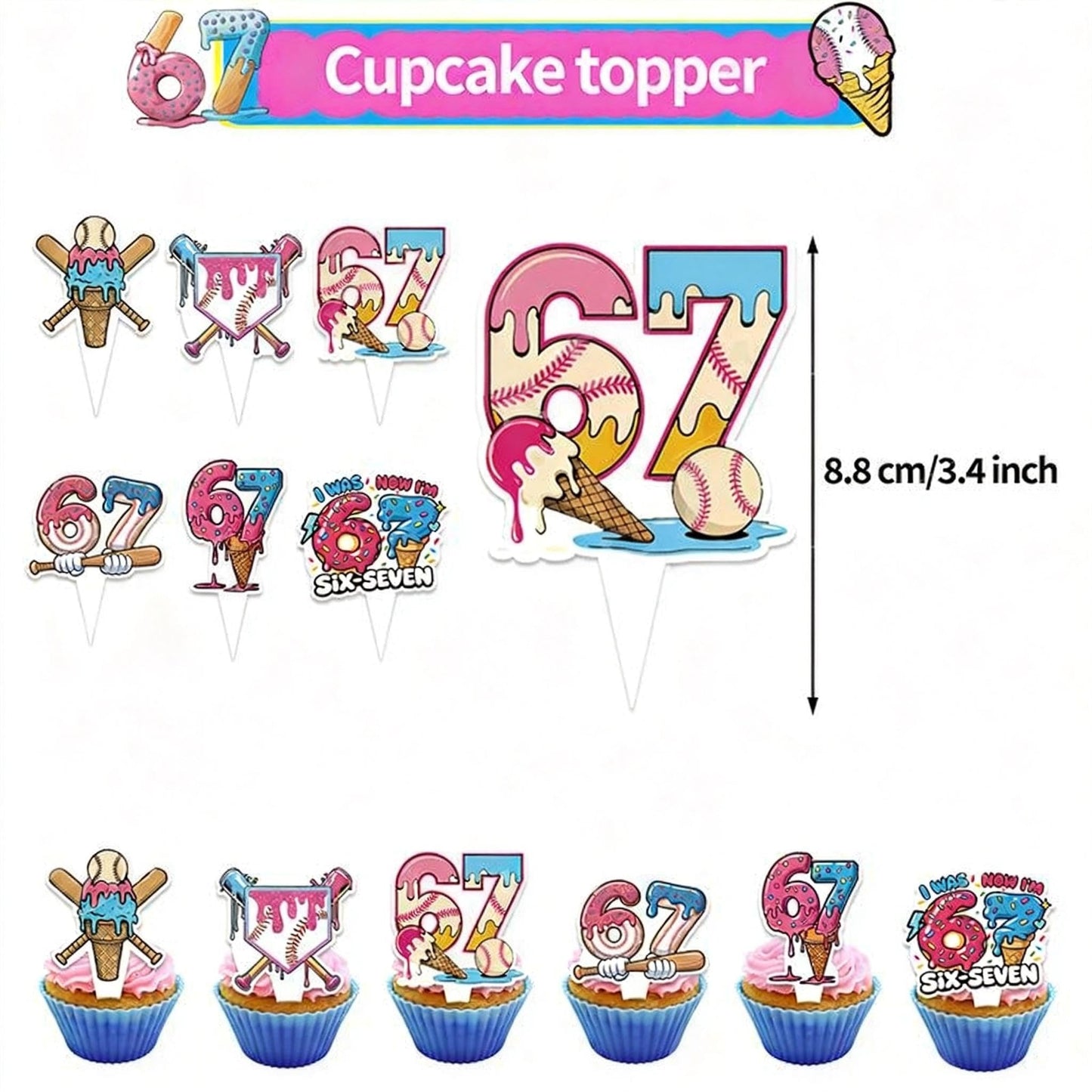 Toplepor 67 Ornament Birthday Decorations, 67 Meme Themed 6 7 Ornament Birthday Party Favors Set Includes Banner, Large Cake Topper, 24 x Cupcake Toppers, 18 x Ballons 6 7 Birthday Decorations
