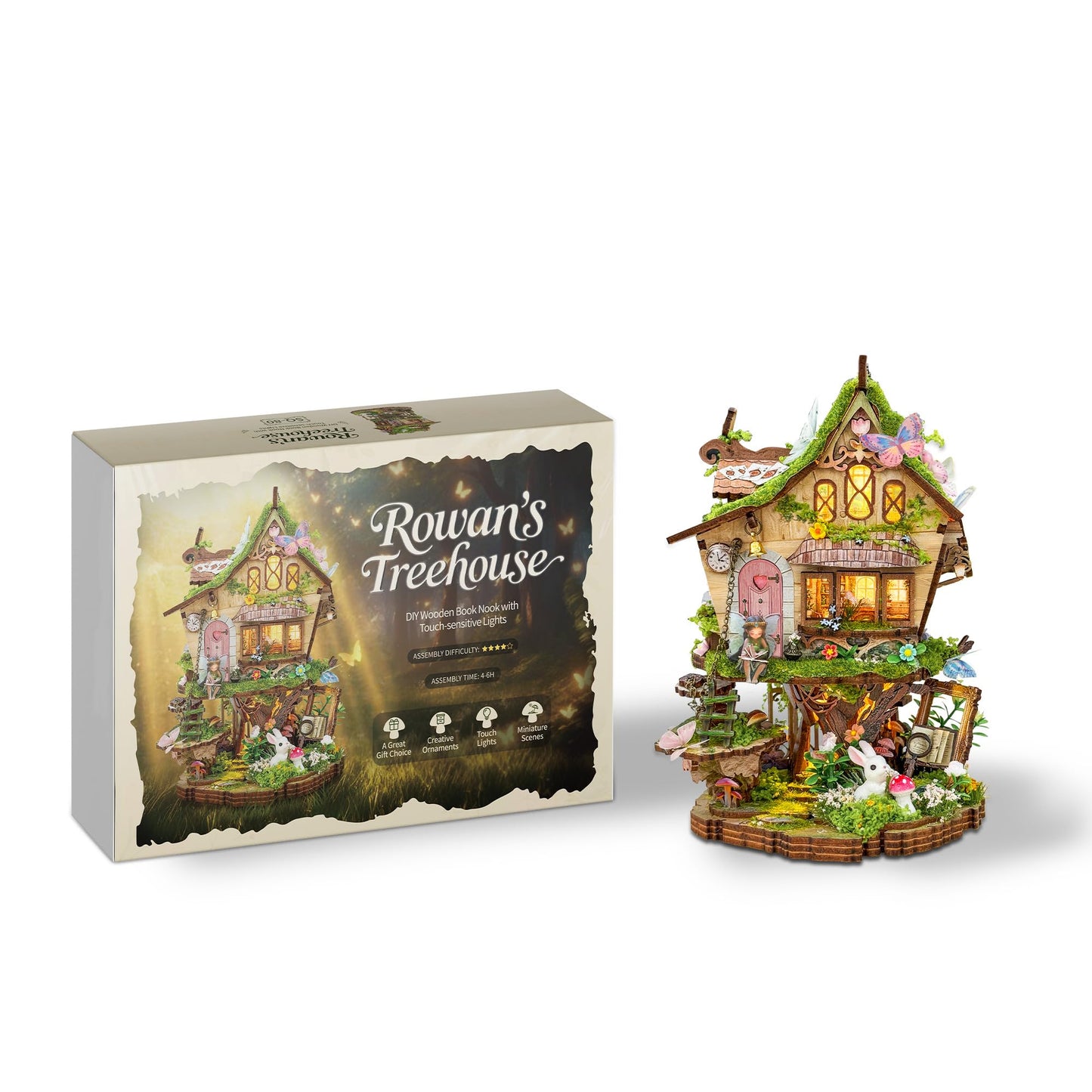 LORENOOK Book Nook Kits for Adults, DIY Miniature House with Warm LED Lights, Fantasy Treehouse Booknook, Bookshelf Decor Gifts for Friends - Rowan's Tree House