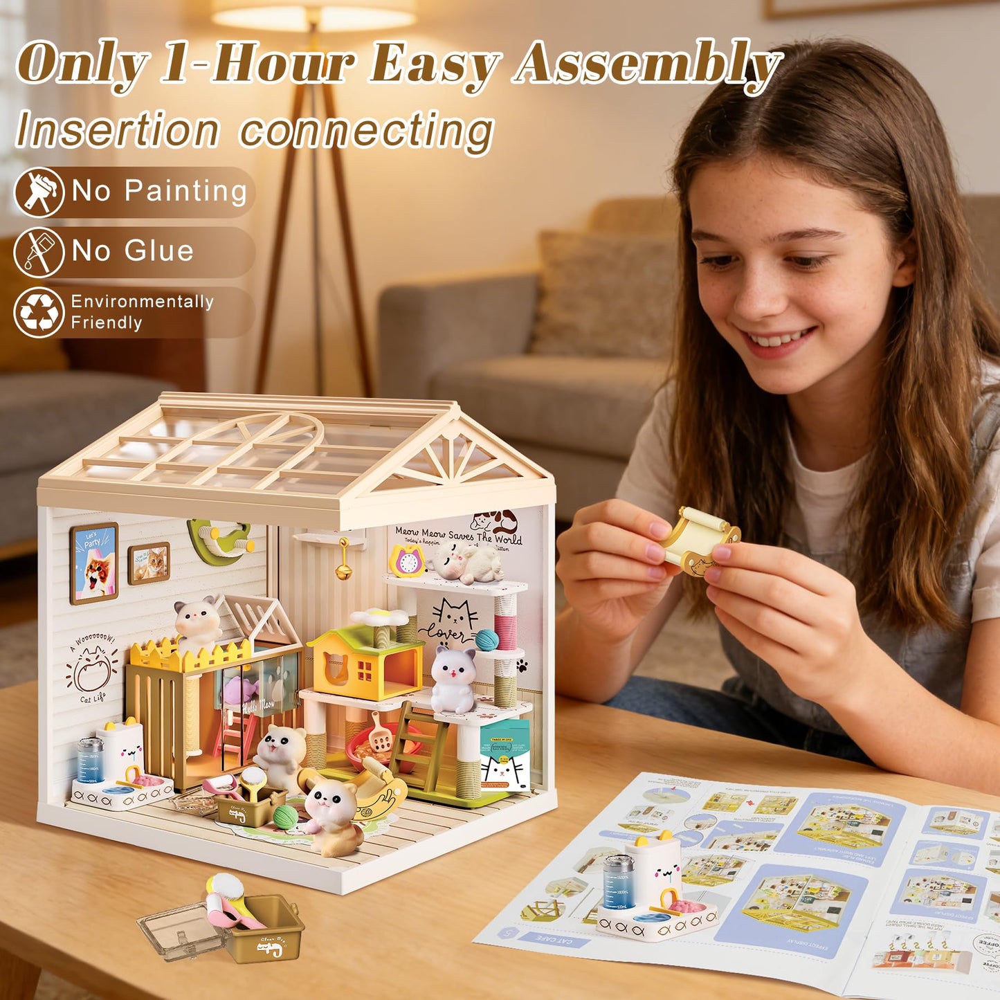 Loyratche DIY Pet Cat Miniature House Kit, Mini Dollhouse with Furniture & LED Light with Roof & Dust Covers Tiny House Toy for Adults