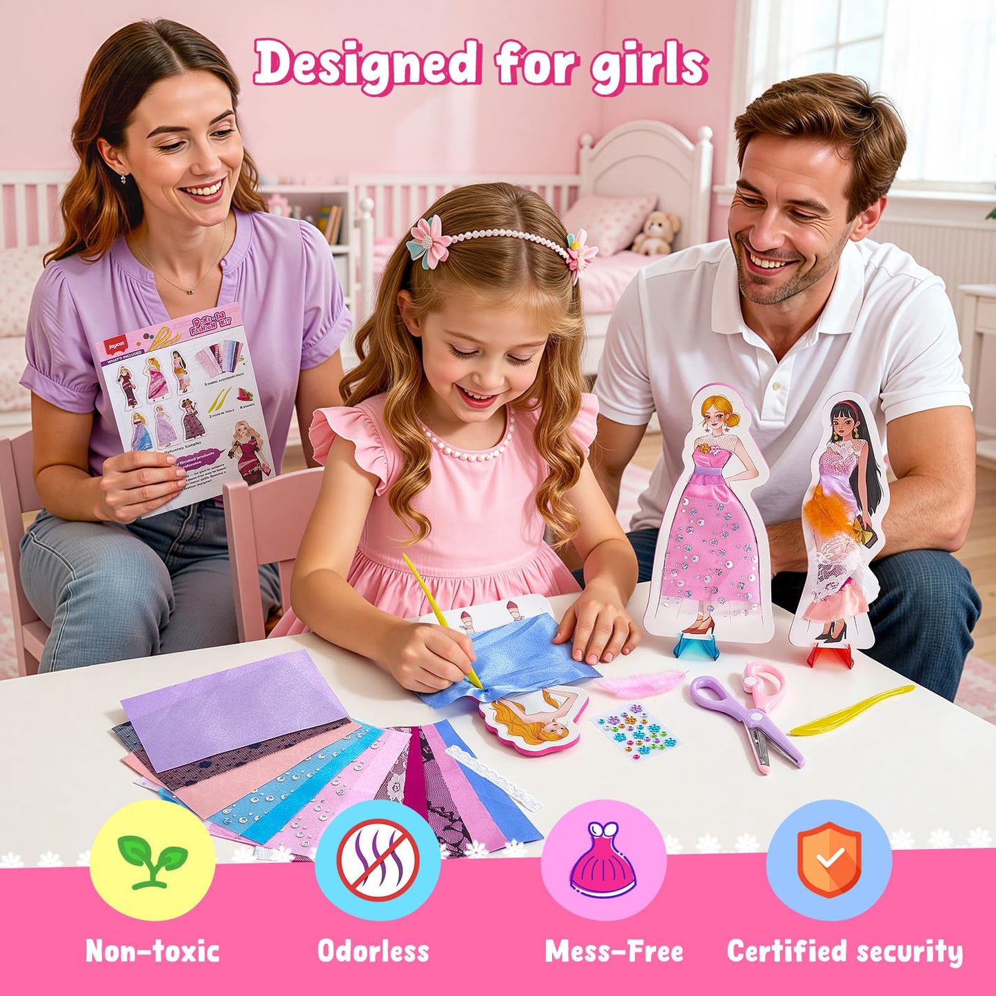 Poke-in Fashion Designer Kit for Girls, No-Sew DIY Craft Toys with 6 EVA Mannequins & Real Fabric, Safe & Non-Toxic Creative Dress Up Activity, Mess-Free Arts and Crafts Gift for Girls Age 5-12