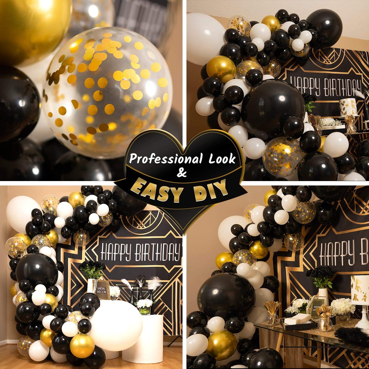 ALL-IN-1 Black White Gold Balloons Garland Kit & Arch – Small and Large Black White and Gold Balloons with Confetti – Black and Gold Party Decorations for Graduations, New Years, Birthday