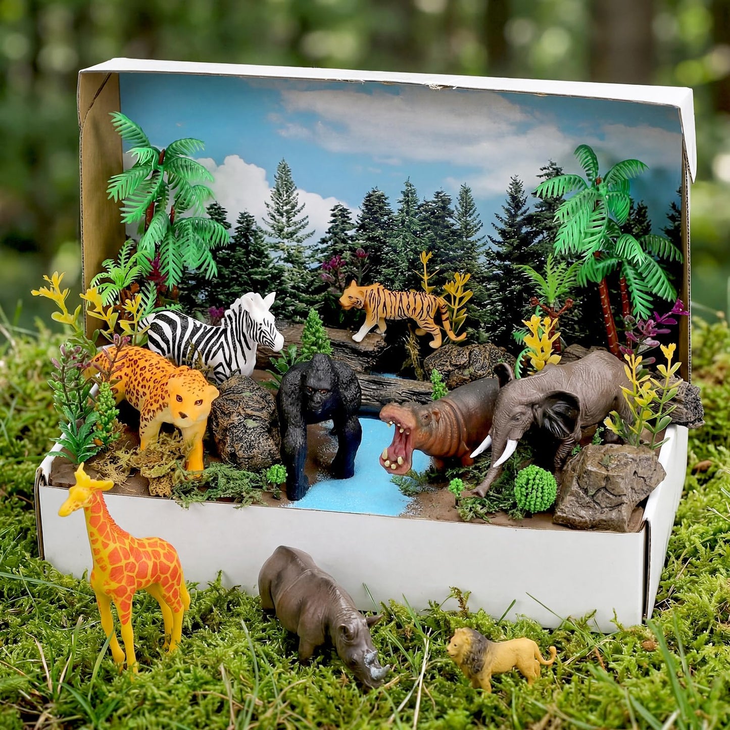 Teyva Daily 48 Pcs Jungle Diorama Kit Habitat Project Box Set Jungles Grassland Diorama Supplies Include Woodland Animal Figures Artificial Trees Fake Rocks with Gift for DIY Crafts Birthday Gifts