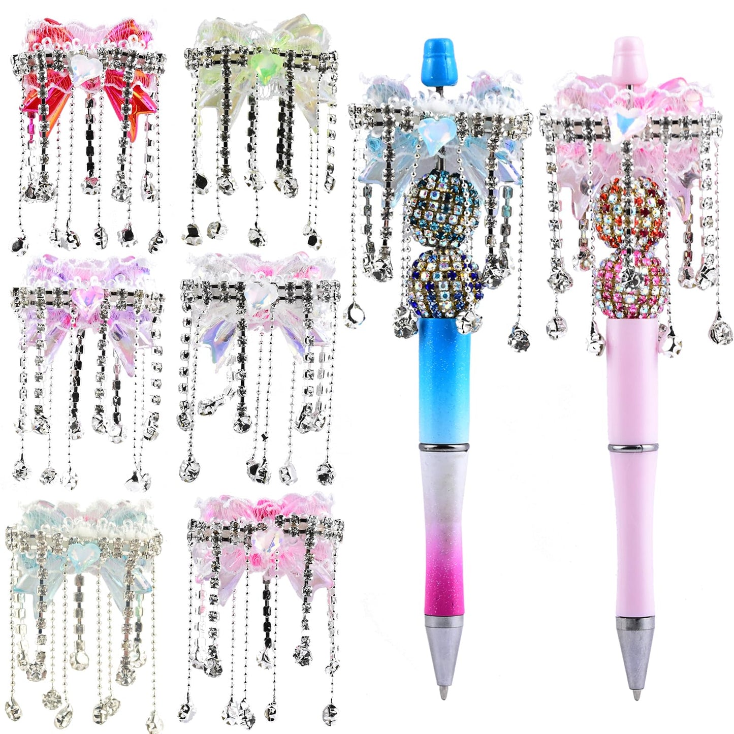 6Pcs White Lace Bow Rhinestone Acrylic Tassel Focal Beads for Pens Colorful 3D Bow Spacer Beads for DIY Craft Beadable Pens Jewelry Bracelet Necklace Earrings Keychain Making
