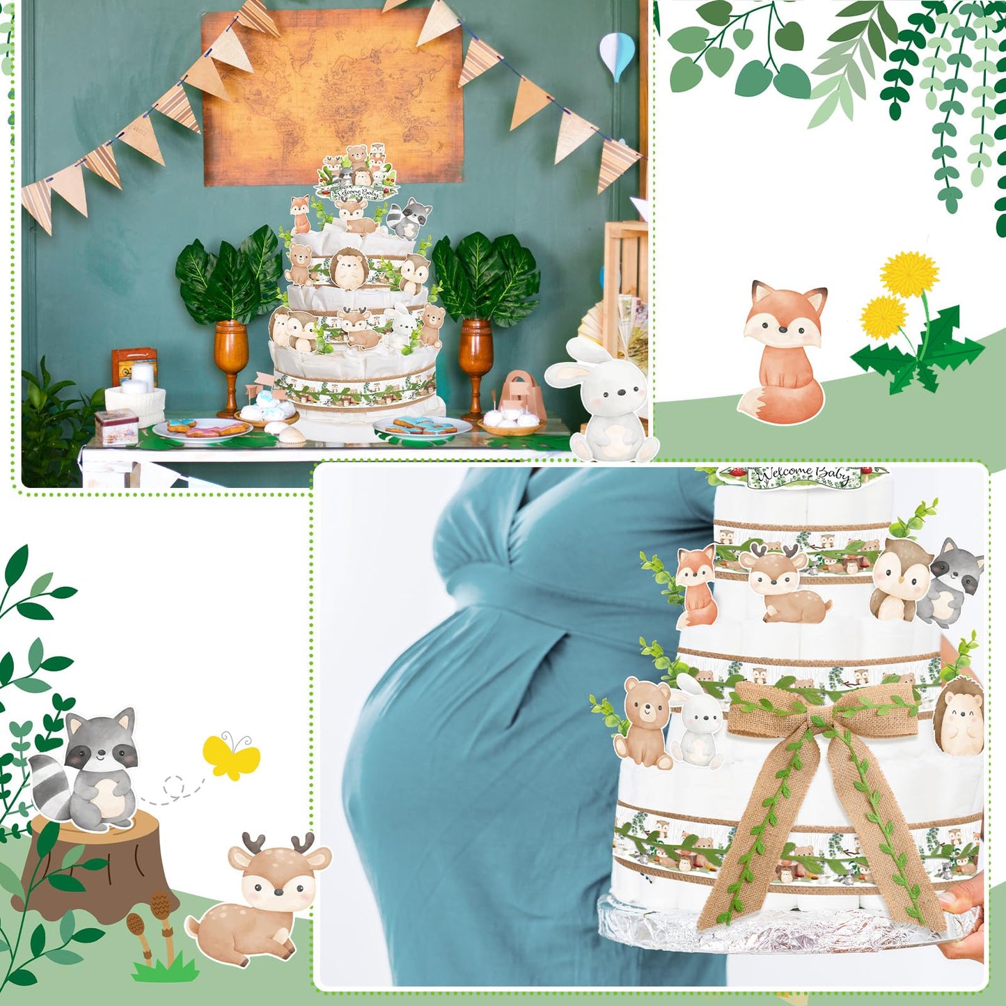 MotiMind Woodland Baby Shower Decorations DIY Diaper Cake Kit with Neutral Forest Animal Burlap Sage Green Leaf Ribbon Leaves Welcome Baby Gender Reveal Party Decor Mommy Gift(Card)