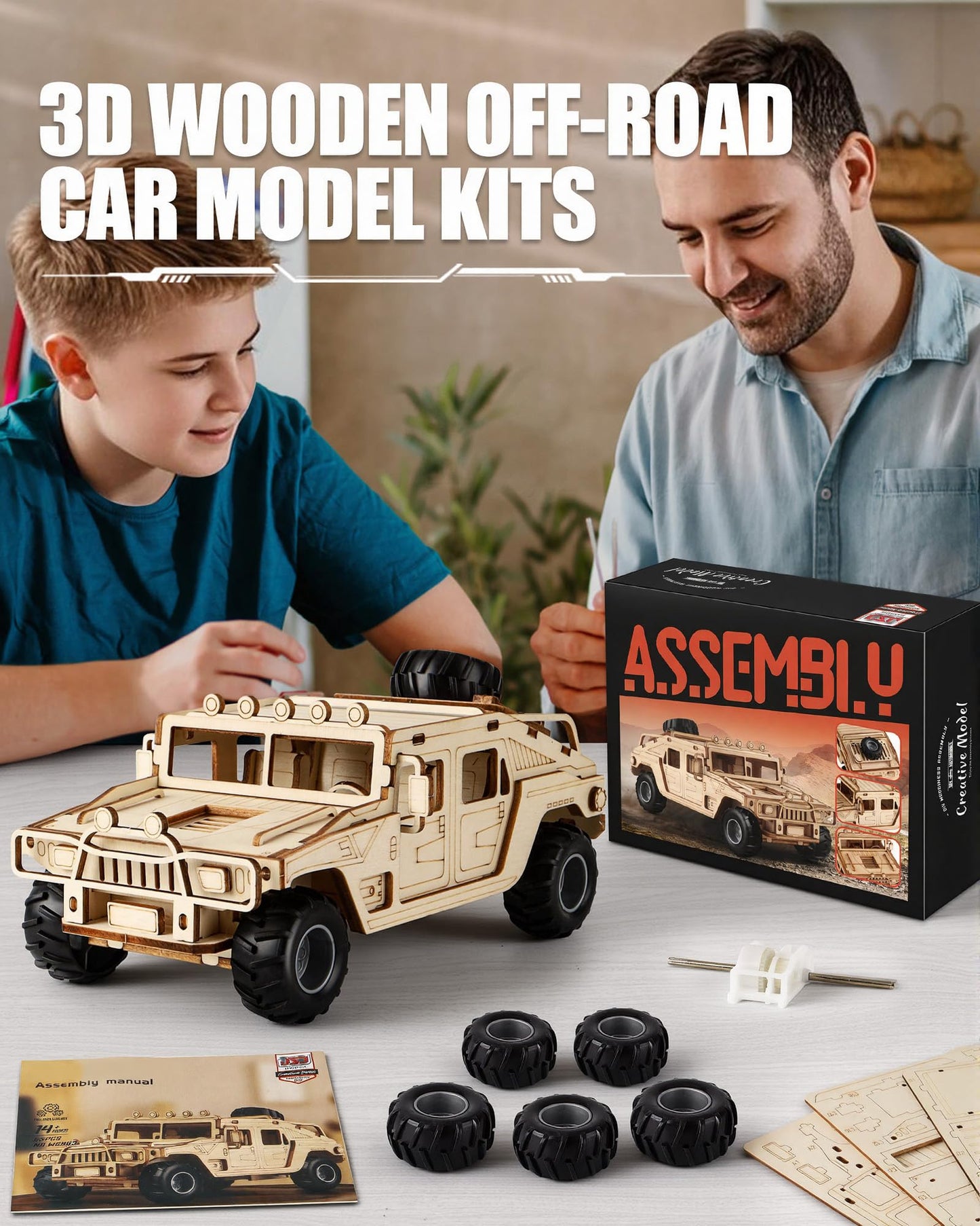 MOCBURIKU 3D Wooden Puzzles Model Car Kits to Build for Adults, DIY Off-Road Cars Building Kits, Brain Teaser Pull Back Toys, Gift for Men Boys on Birthday/Christmas Day (Off-Road Car)