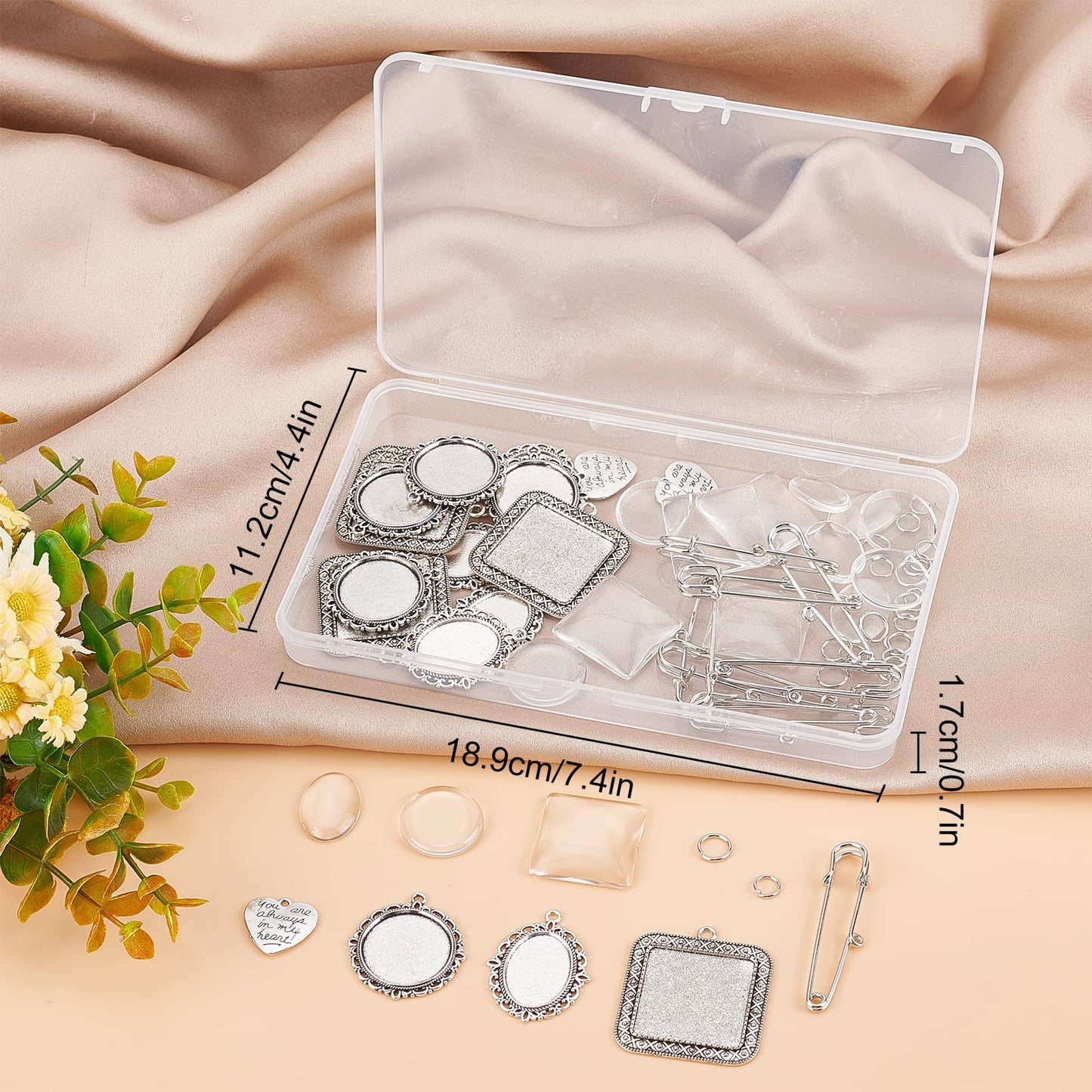 SUNNYCLUE 1 Box 65Pcs Wedding Bouquet Charms Memorial Picture Charm Oval Round Square Brooch Pins Glass Cabochons Silver Heart Pendants for Jewelry Making Women Men DIY 10Pcs Brooches Supply