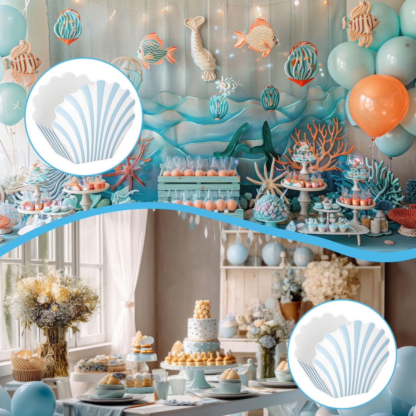 LemonRoad 24 Pcs Scalloped Blue Striped Popcorn Boxes Shell Last Toast on the Coast Party Favor Blue Seashell Treat Boxes for Coastal Beach Mermaid Themed Supplies Ocean Under the Sea Party Favors