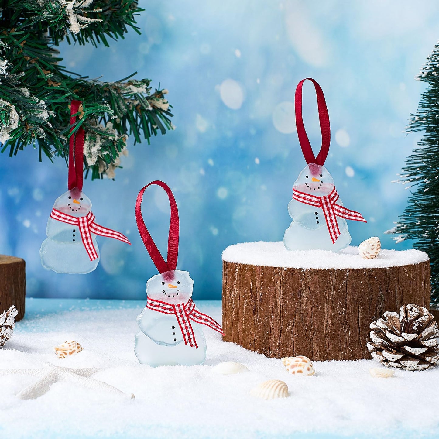 Bucherry 3 Pcs Sea Glass Christmas Snowman Ornaments Sea Crystal Glass Decor Crafts Christmas Tree Hanging Ornament for Beach Ocean Gift Party Table Decoration (White)