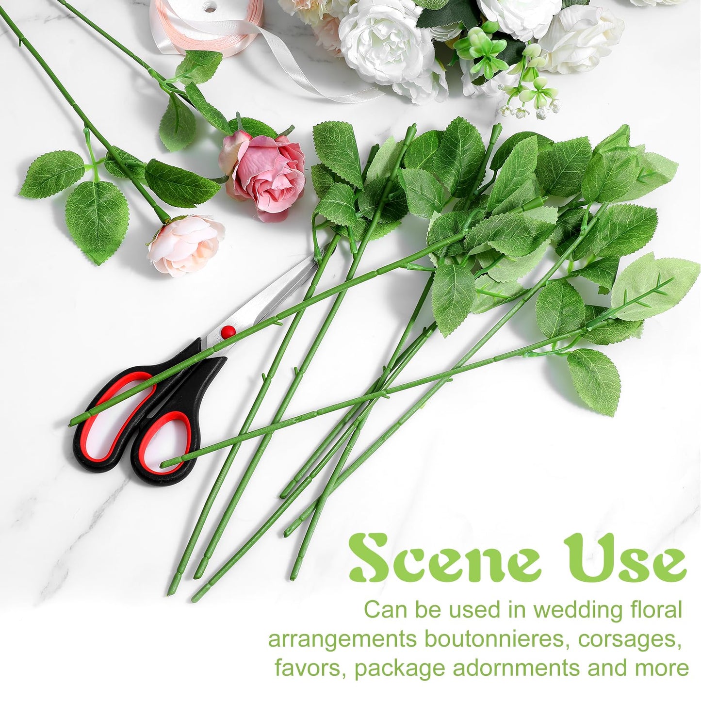 Tolare 120 Pcs Rose Stems with Leaves, Fake Flower Stems Artificial Plastic Floral Wire DIY Craft Supplies for Bouquet Making Wedding Party Home Decor Arrangement Tools