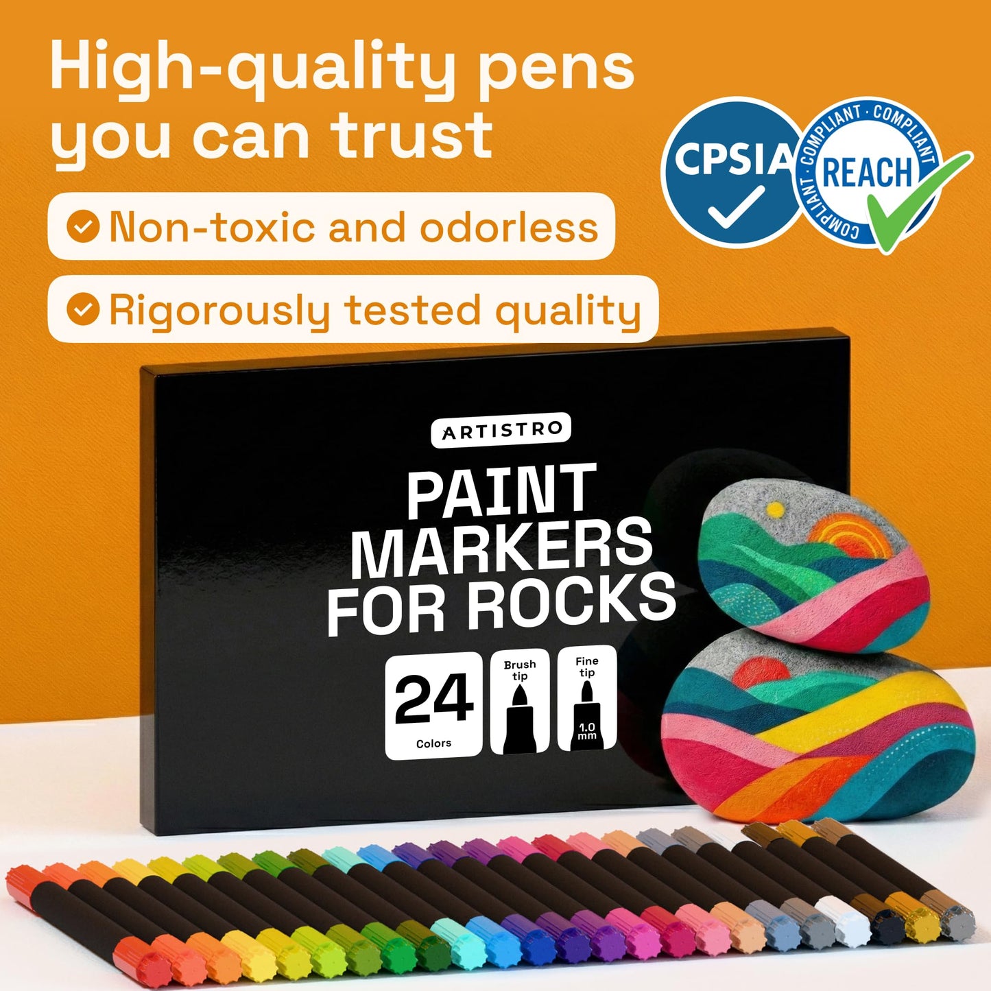 ARTISTRO 24 Rock Acrylic Paint Markers - Rock Painting Kit for Kids and Adults - Art & Craft Supplies - Paint Pens for River, Flat and Smooth Stones - Paint for Ceramic, Mugs and Pottery