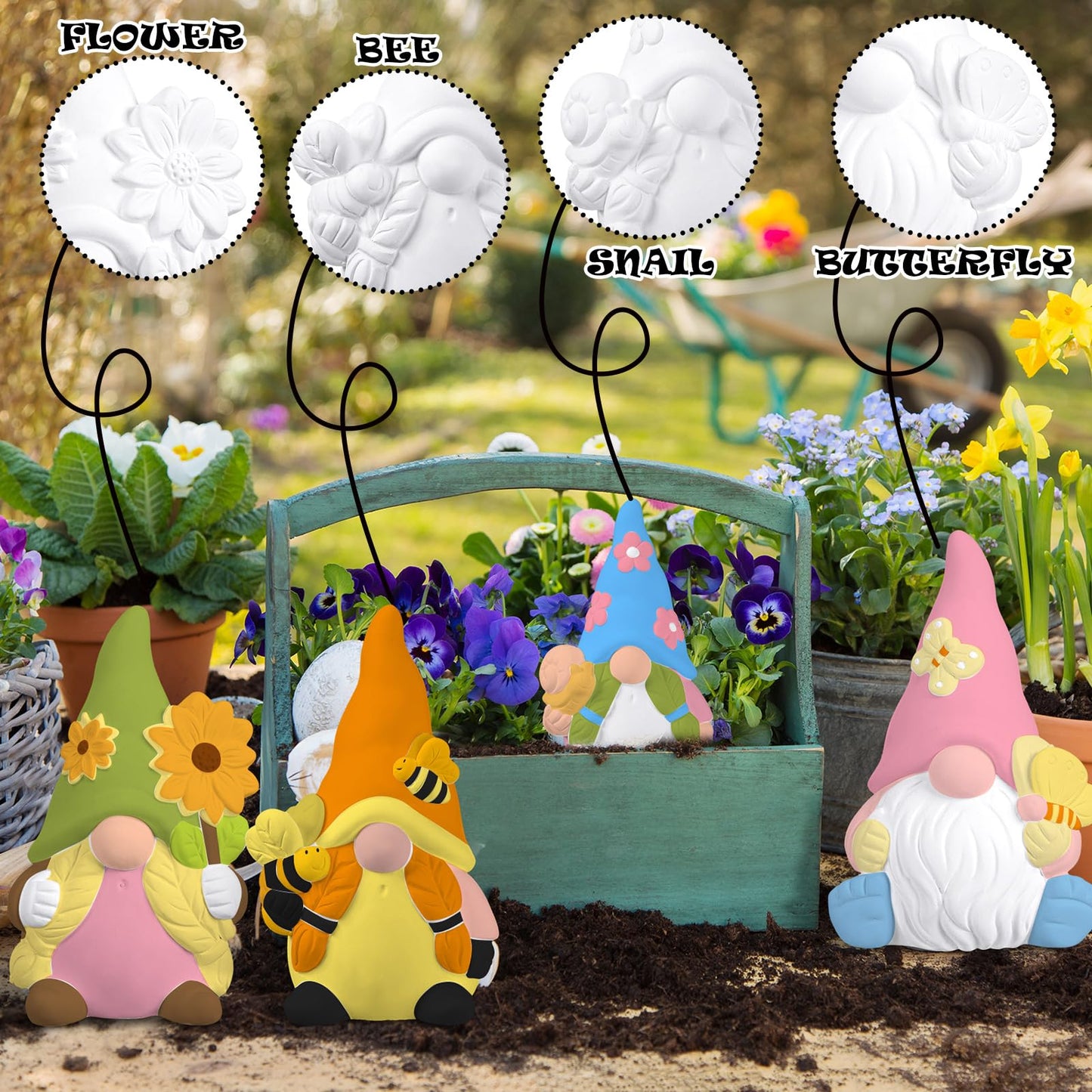 Poen 6 Sets Ready to Paint Your Own Ceramic Gnome Statues Summer DIY Unpainted Ceramics Gnome Figurines Kit Spring Crafts Gifts Drawing Figurines DIY Art and Craft with Brush Palette Paint for Adult