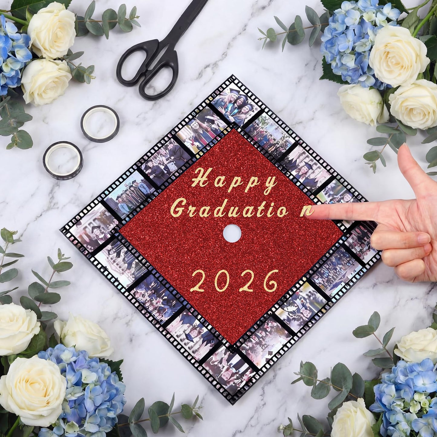 Gersoniel 6 Sets Graduation Cap Topper Decoration Kit for 2026,Glitter Cardstock,Film Style Tape & Letter Sticker Construction Paper for Graduation Cap for Grad Party Craft DIY Decor(Red)