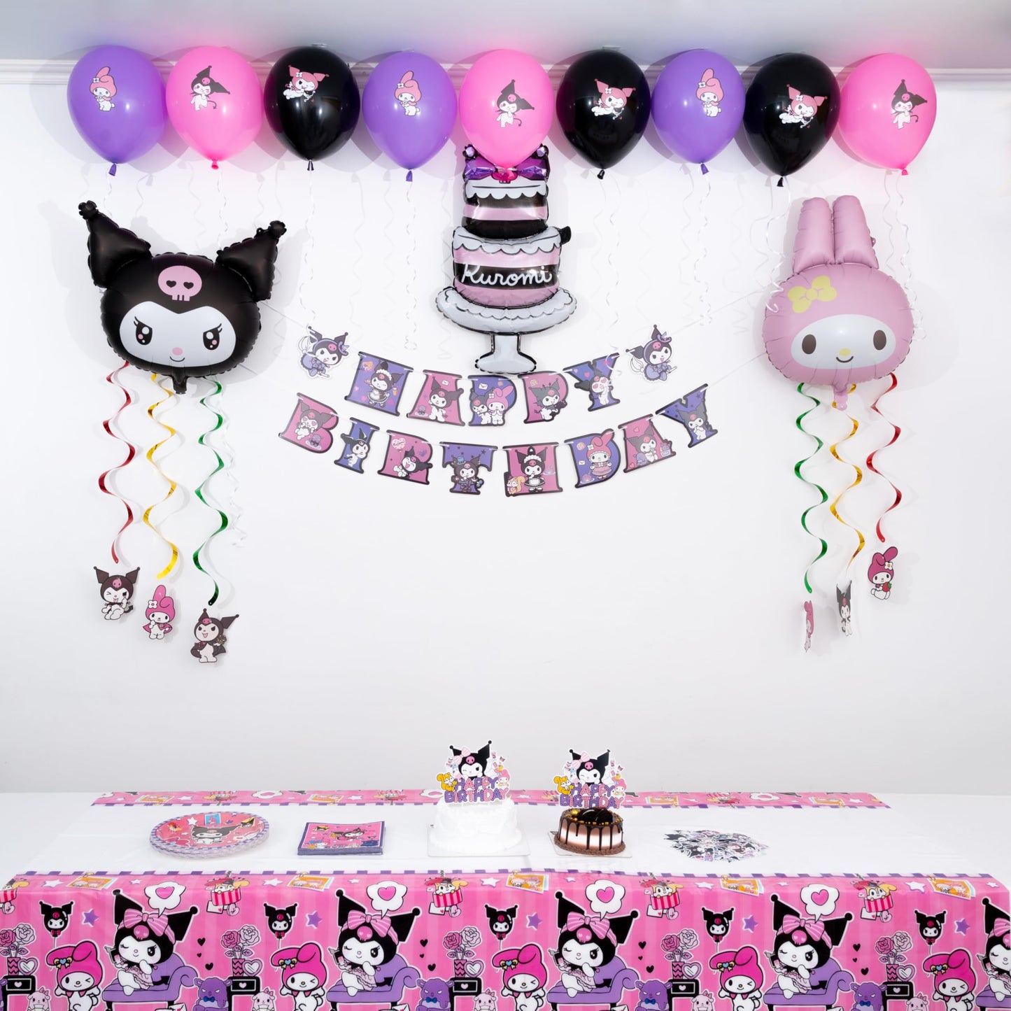 Cartoon Birthday Decorations, 115PCS Party Decoration Set with Birthday Banner, Cake Toppers, Balloons, Hanging Swirls, Paper Plates, Napkins, Tablecloth, and Stickers for Birthday Theme Party
