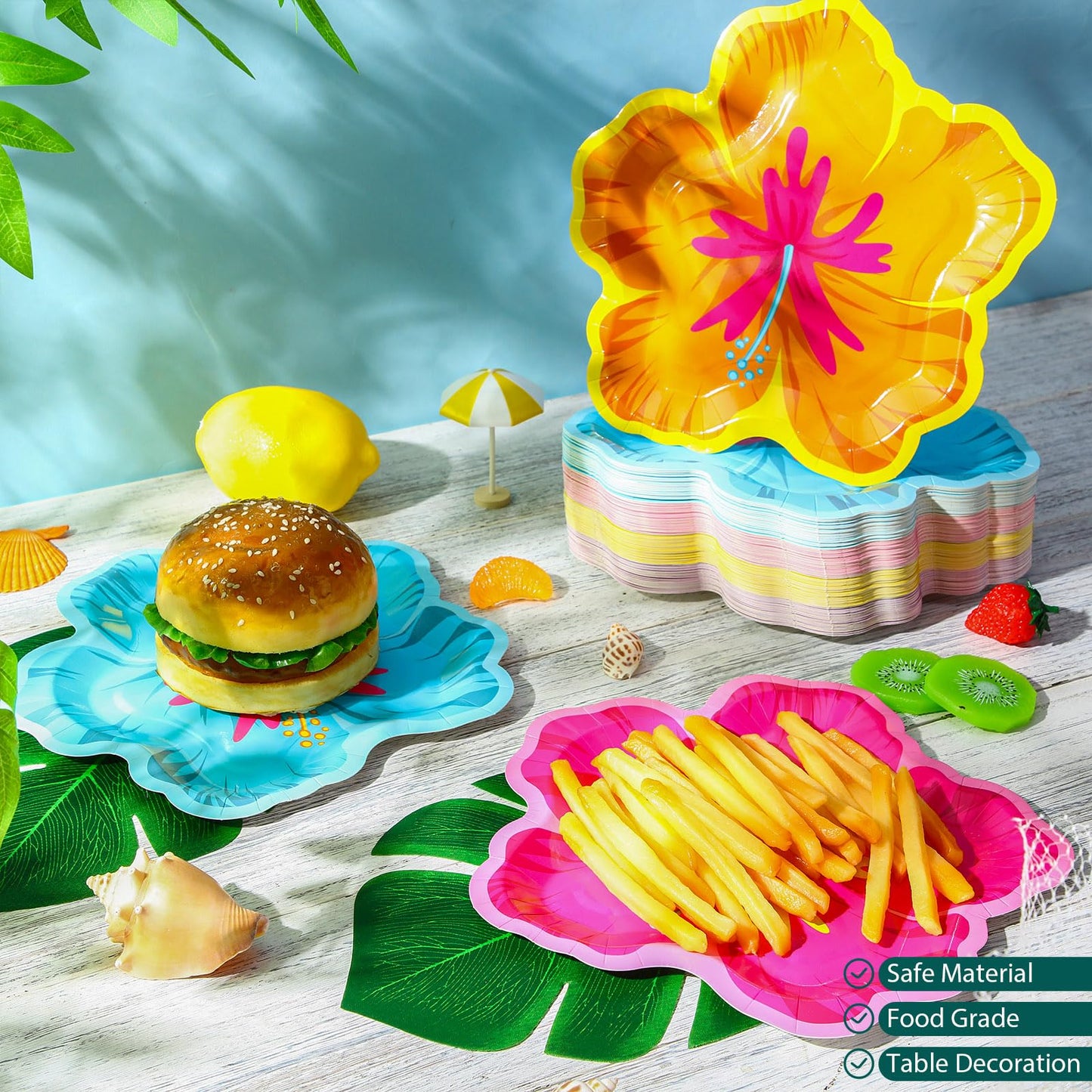 Motipuns 200 Pcs 9.05" Hibiscus Floral Paper Plates Bulk and Artificial Palm Leaves Luau Hibiscus Flowers Disposable Paper Plate Tropical Leaf Placemat Summer Hawaiian Safari Party Supplies Decoration