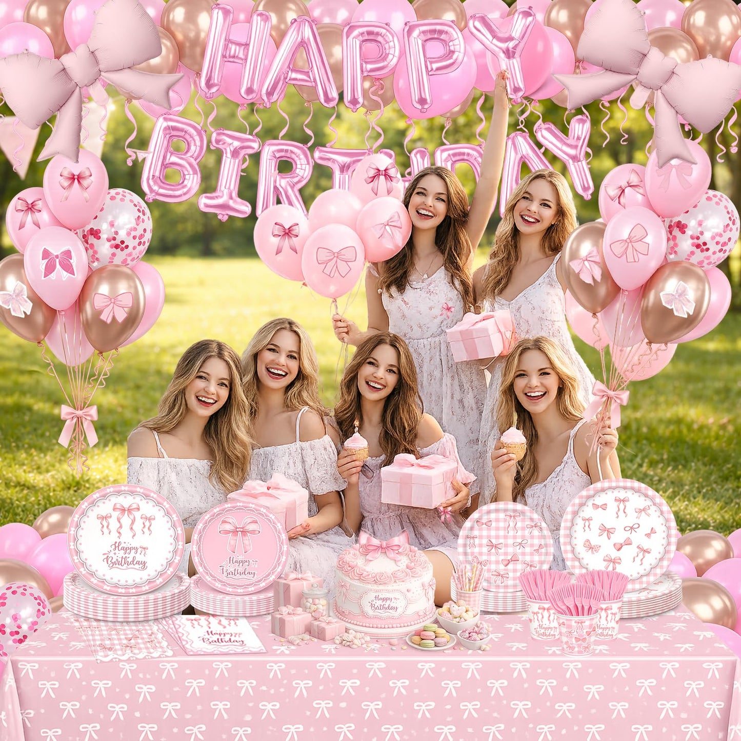 219 pcs Pink Party Decorations Set with Bow Theme, Plates, Napkins, Cups, Cutlery, Balloons, Happy Birthday Foil Banner, Bow Foil Balloons, Tablecloth, and Stickers, Serves 24