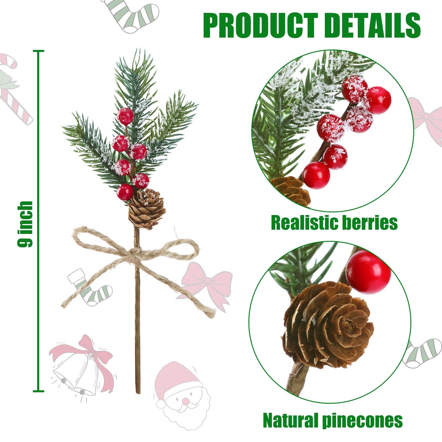 Sggvecsy 15 Pack Snow Frosted Christmas Berries Pine Picks Artificial Red Berry Pine Branches Frosted Faux Pine Stem with Pine Cones Fake Pine Needles for Xmas Tree Wreath DIY Craft Holiday Decor