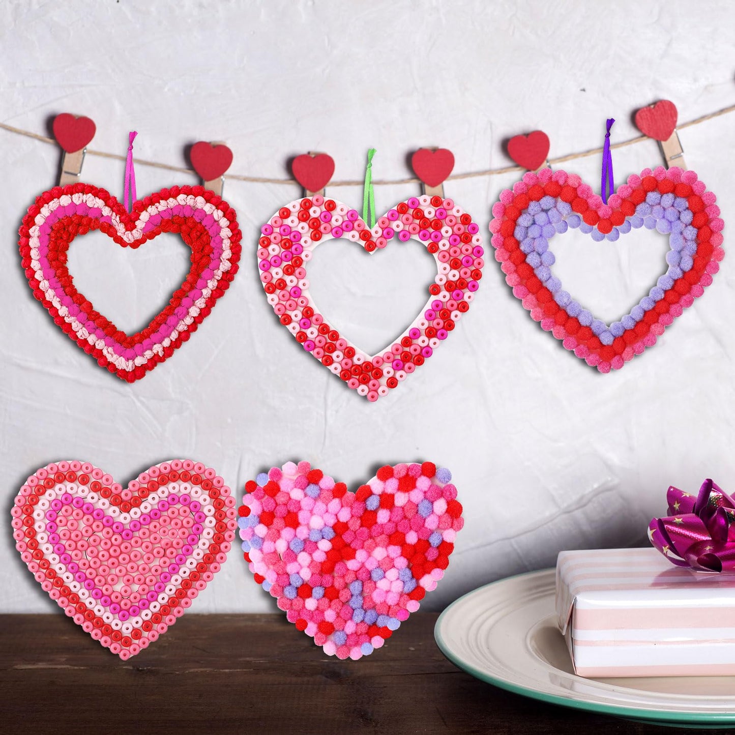 Jetec 24 Sets Mothers Day Gift Heart Paper Craft Kits Galentines Hanging Ornaments Craft Kit with Pom Poms Tissue Wreath DIY for Home Party Favors(Paper,Beads, Balls)