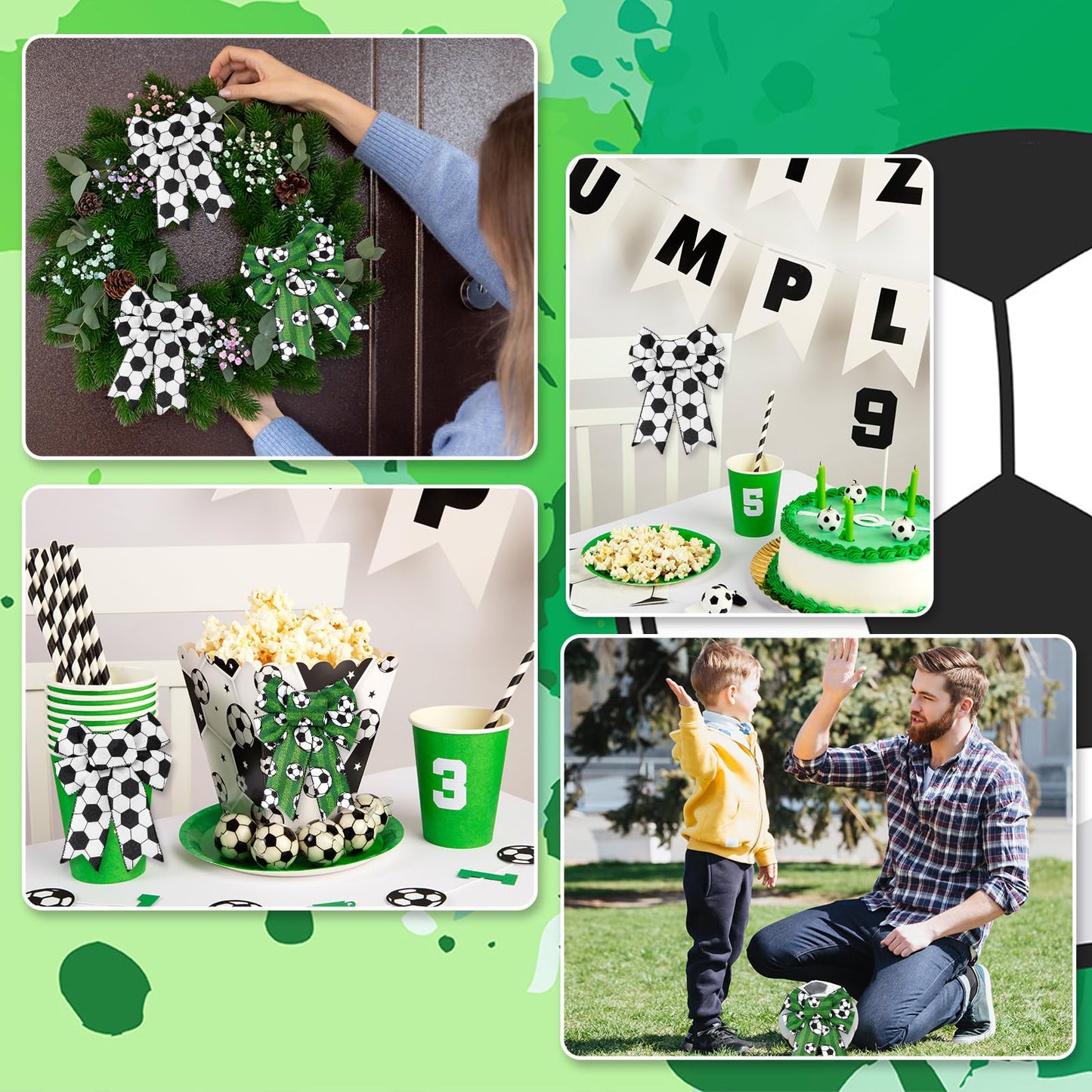 Soccer Wired Edge Ribbon 2.5 Inch Green Black White Craft Ribbon Sport Ball Fabric Ribbons for Sport Events DIY Bow Wreath Wrapping Supplies, 20 Yards, 2 Rolls