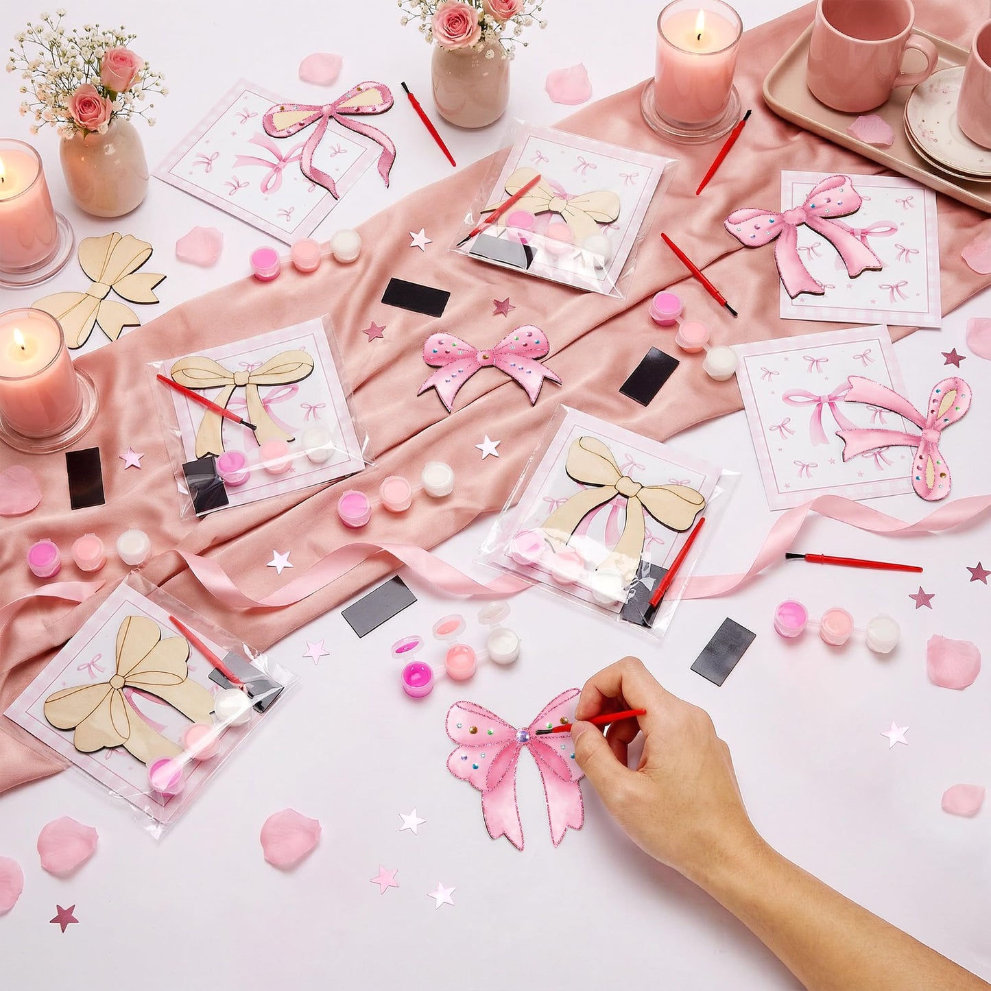 Bafeil 24 Sets Pink Bow Party Favors, DIY Wooden Bows Painting Crafts Kit with Magnets, Coquette Bow Birthday Decorations, Pink Bows Birthday Party Supplies Gifts Goodie Bags Stuffers Prizes