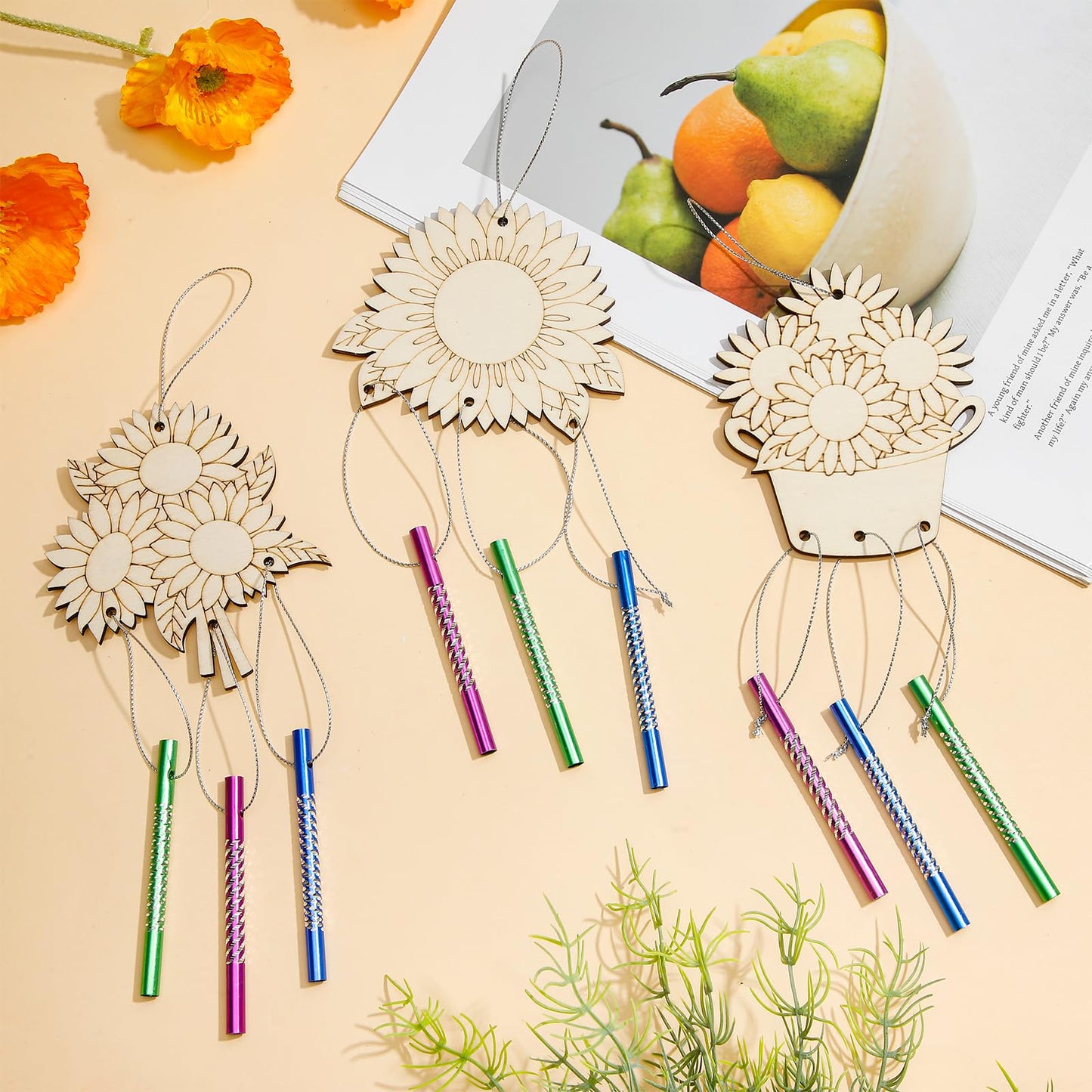Leinuosen 30 Pcs Wind Chime Kit Sunflower Wooden Wind Chimes Decorative Sunflower Windchimes Hanging Dragonfly DIY Crafts for Indoor Outdoor Garden Home Patio Party Crafts Decorations