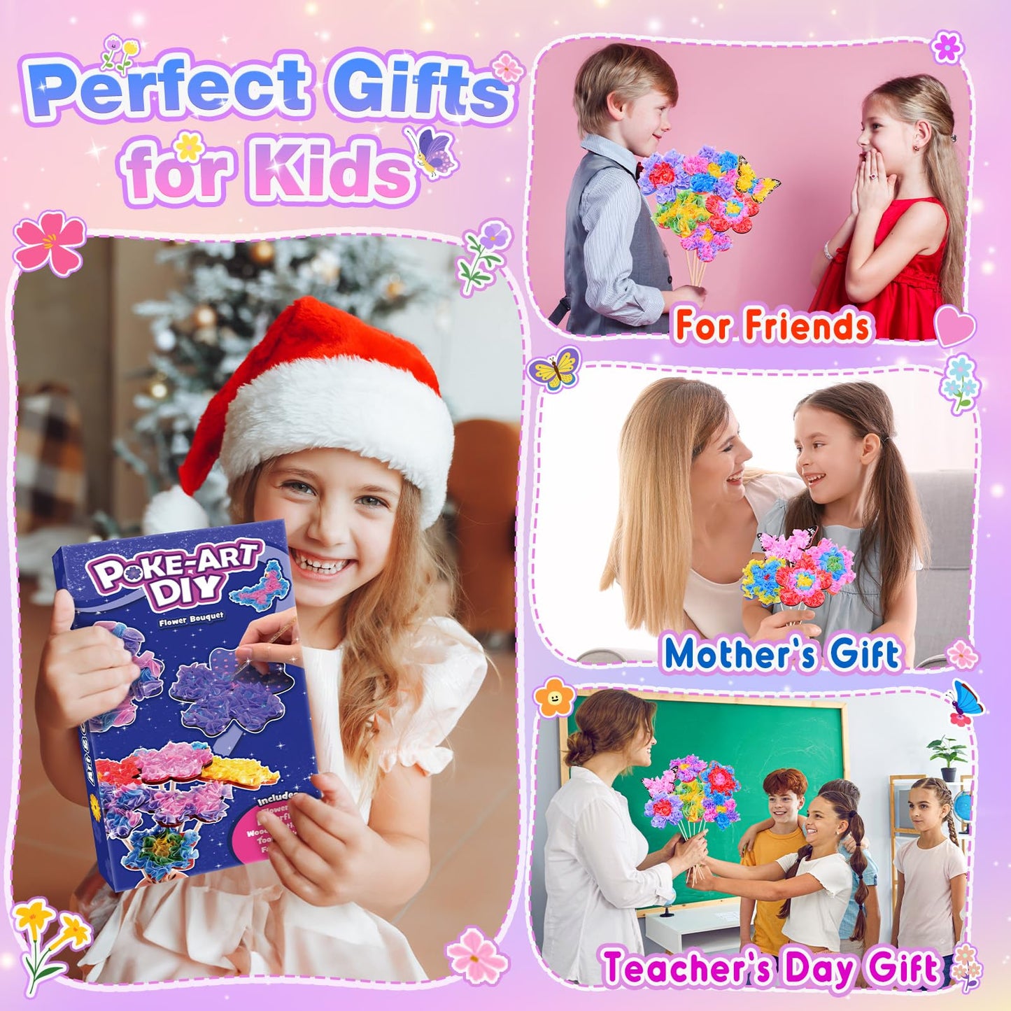 Arts and Crafts for Girls Ages 4-12, Poke Art Flower Bouquet with 8 Flowers & 2 Butterflies DIY Creative Activity Mess-Free Fun for Kid Party Favors Birthday Christmas Gifts for 4-12 Year Old Girls