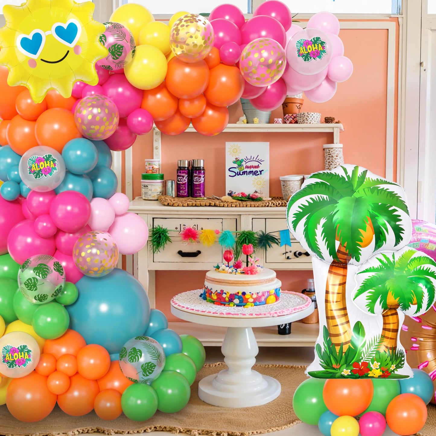 Amandir 165Pcs Summer Aloha Tropical Balloon Arch Garland Kit, Hot Pink Green Orange Blue Yellow Foil Coconut Sun Palm Leaves Neon Rainbow Balloons for Hawaiian Luau Pool Birthday Party Decorations