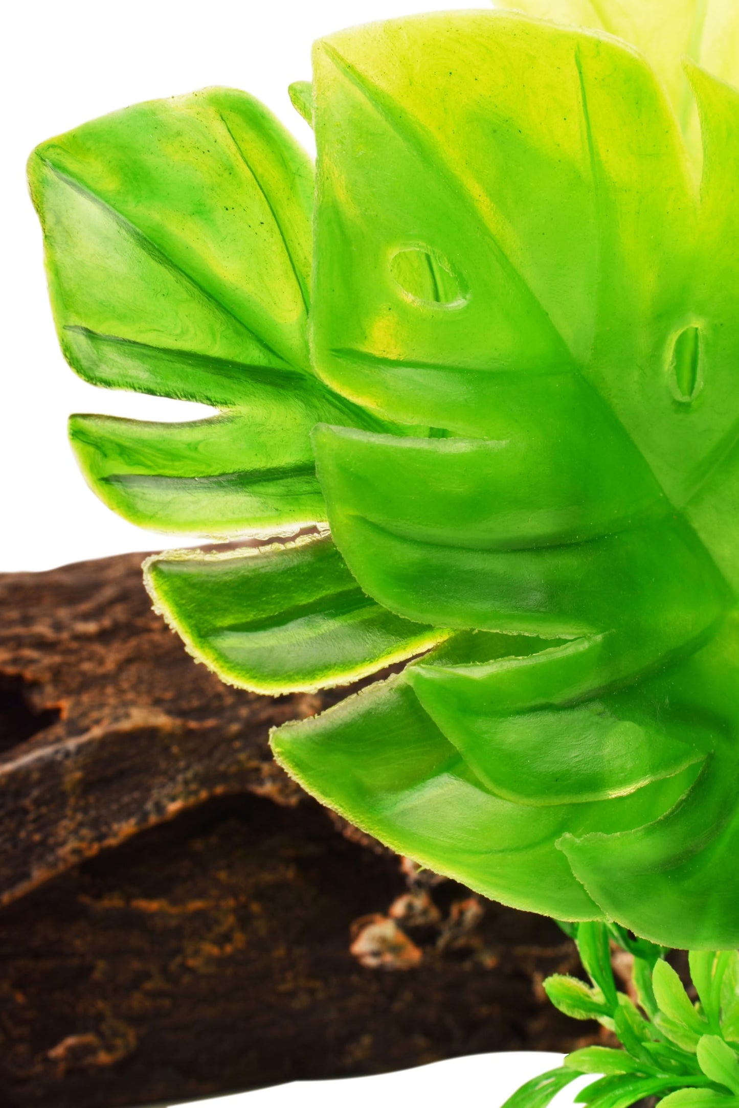 YAKCAM Reptile Hide 10.5 x 2.5 Inch Natural Looking Driftwood Aquarium Cave, Hideout for Amphibians, Lizards & Fish | Hollow Log with Life-Like 7" Monstera Plant | Terrarium & Aquarium Tank Decoration