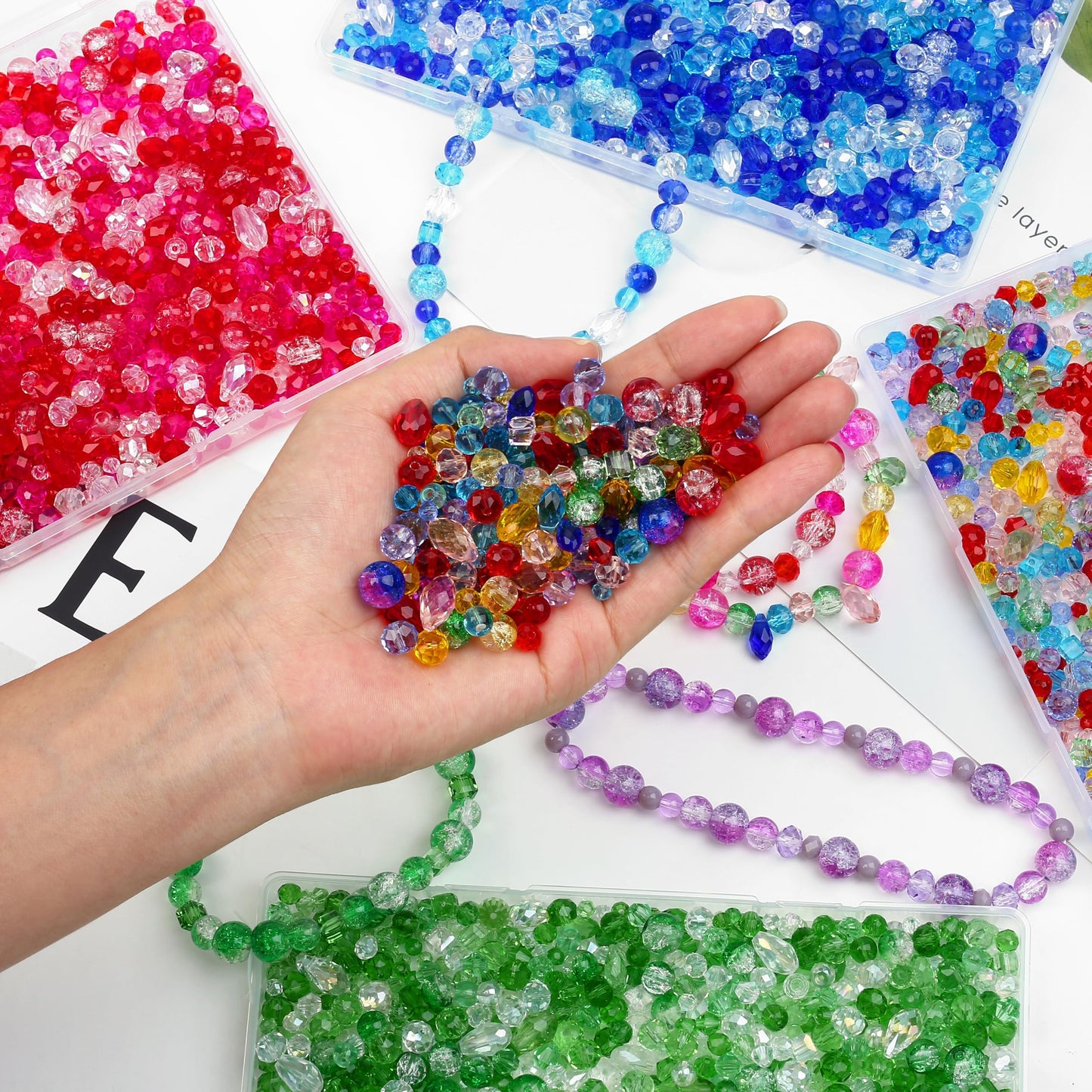 NUKAYAI 1200 Pcs Crystal Glass Beads for Jewelry Making β 13 Styles Bicone, Rondelle, Cube, Teardrop, Smooth Round, Floral and Strawberry Beads Bulk for DIY Bracelet Necklace Earring Craft Kit (Green)