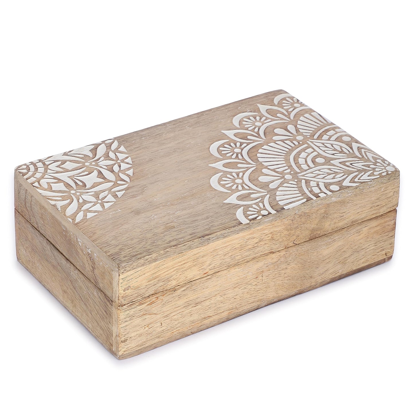 Ajuny Wooden Handmade Decorative Jewelry Storage Box Corner Flower Design Multipurpose Treasure Chest Keepsake Organizer Necklaces Bracelet Watch Boxes Gifts 8x5 Inch