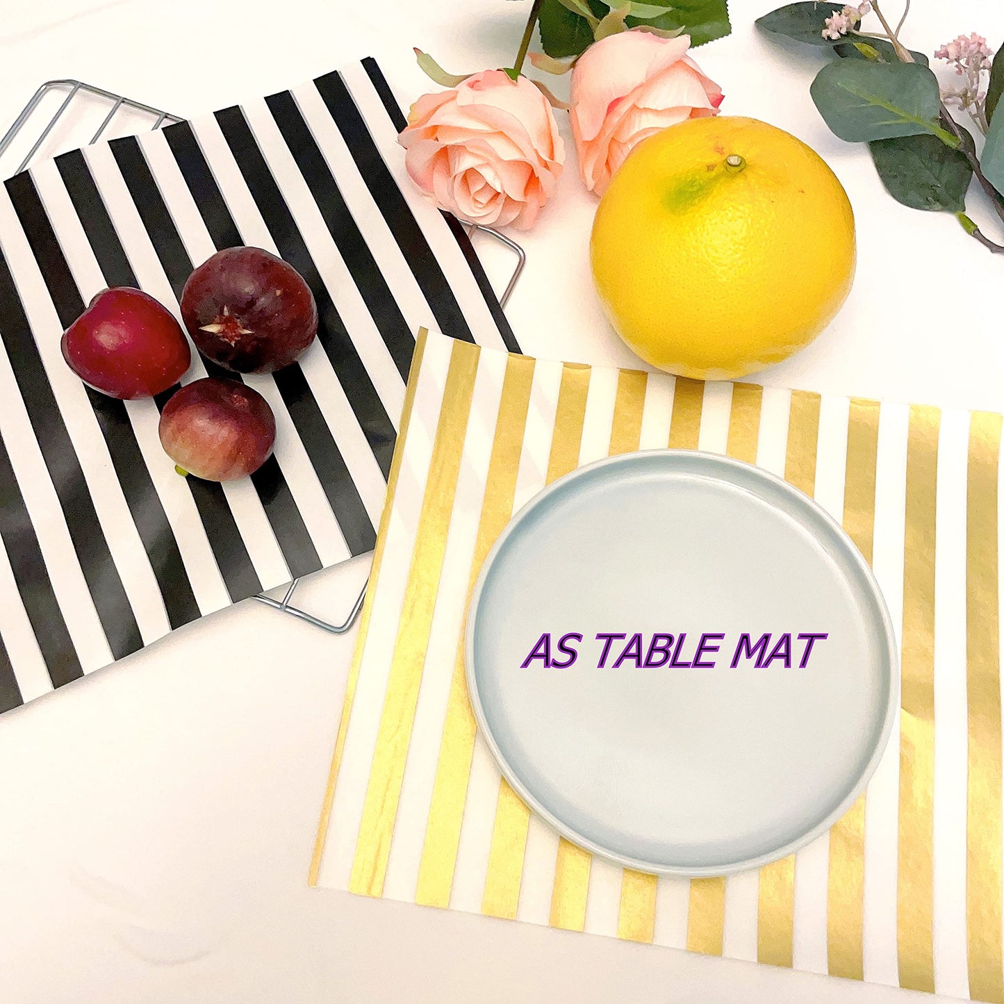 Suiwen 150 Gold and White, Black and White Striped Wax Paper, Food Picnic Paper, Greaseproof Paper,Waterproof Dry Hamburger Paper Liners Wrapping Tissue for Plastic Food Basket(Gold/Black/White)