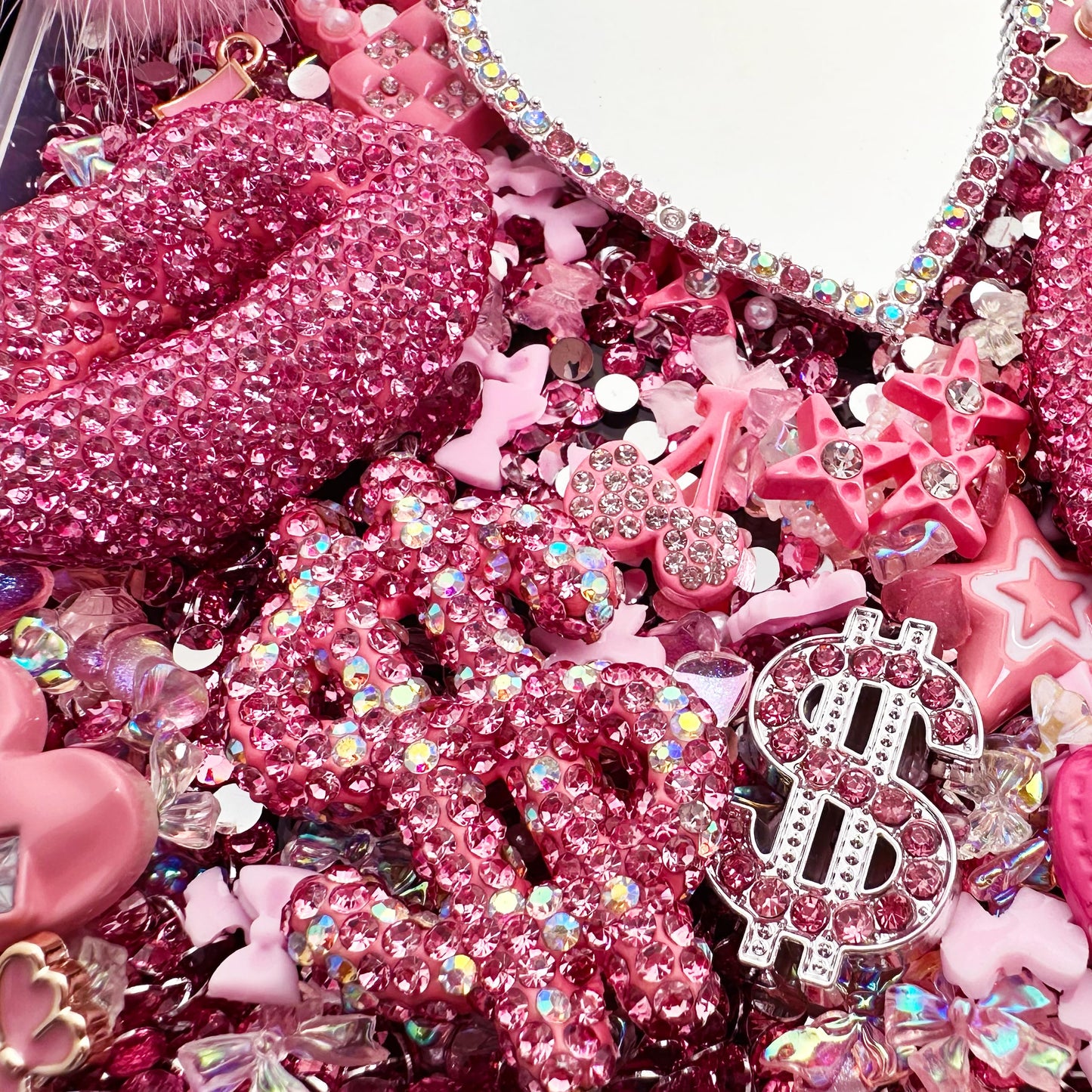 Gehaiwo Pink Junk Case Charms Kit, Junks Phone Cases with Rhinestone Accessories and Full Diamond Bow Lips Dollar Sign Pom Resin Kits Mirror with DIY Phones Decorations