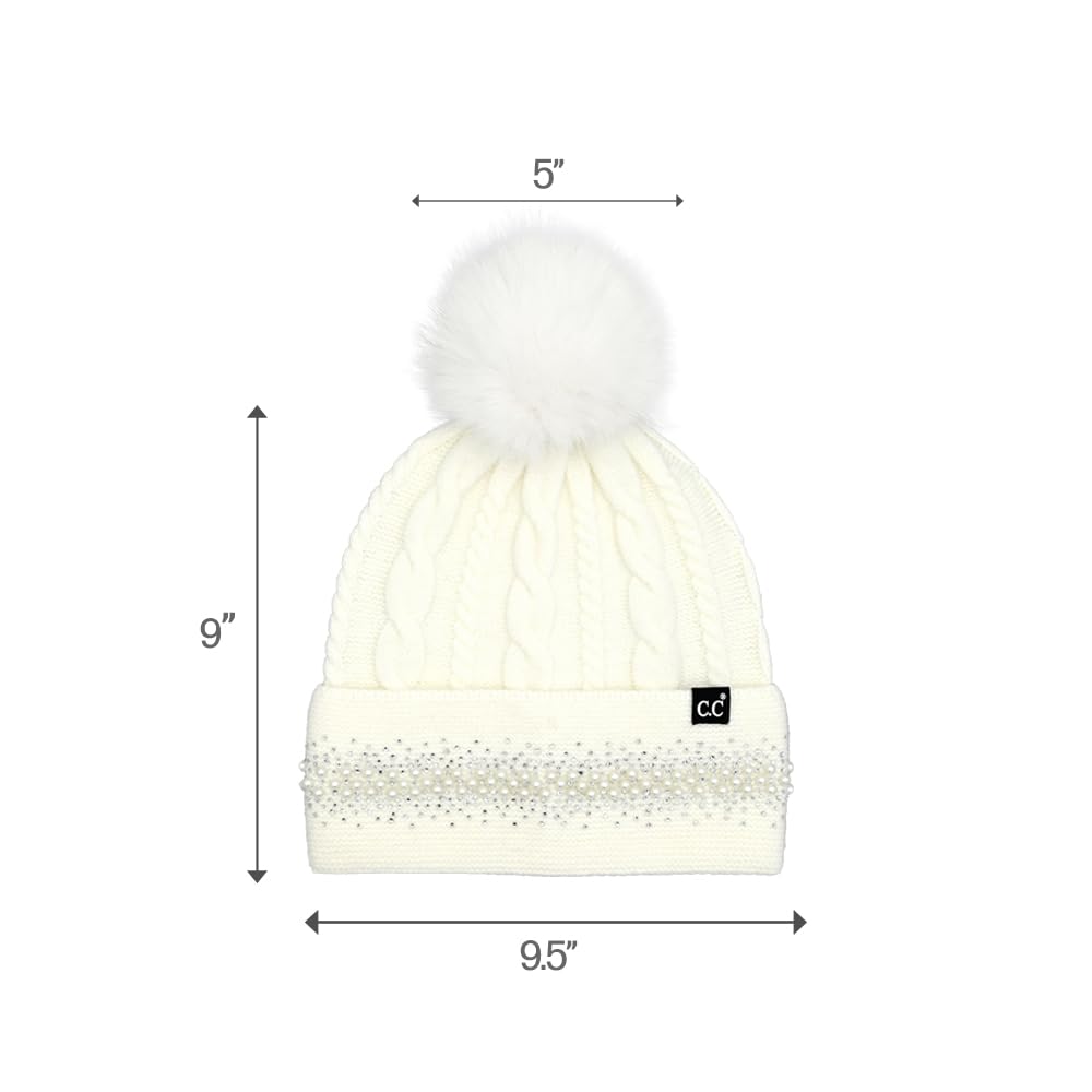C.C Pearl Rhinestone Embellishment Beanie with Fur Pom for Women - Wool Stretchable Soft Warm with Faux Fur Pom Knit Winter Skully Hat