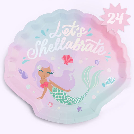 xo, Fetti Mermaid Shell Birthday Plates - 24 pk, 9" | Mermaid Bday Party Supplies, Under The Sea Decorations, Let's Shellabrate Party Favors