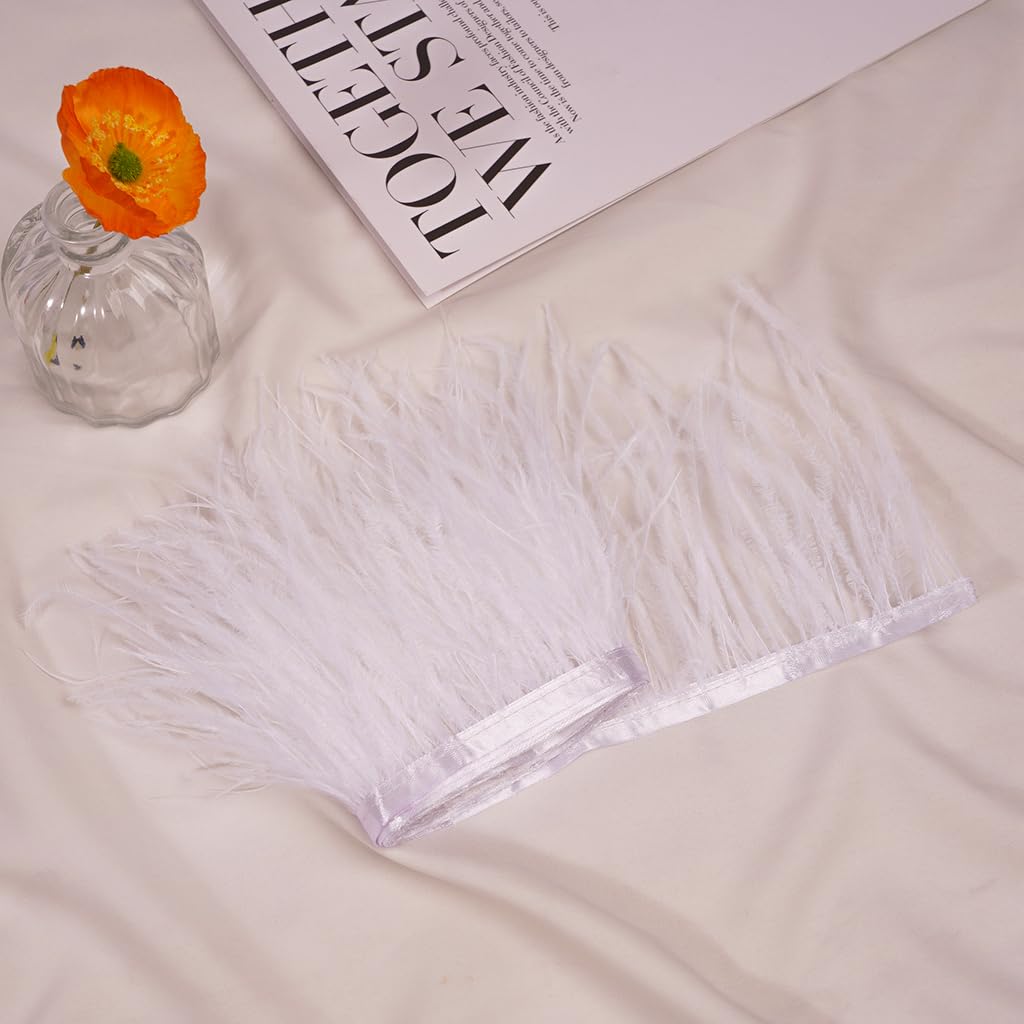 White 2Yard Ostrich Feather Fringe Trim 4-6inch in Width for DIY Costume Sewing Craft Decor Dress Accessories Party Supplies Festival Outfits