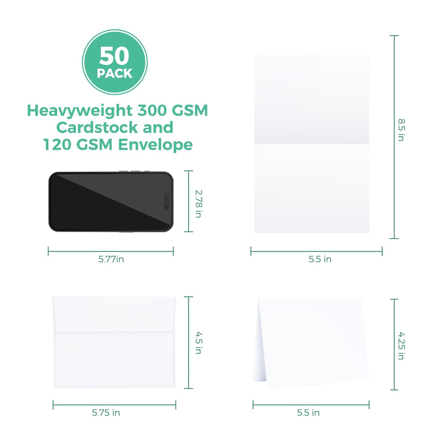 Ohuhu Blank White Cards and Envelopes 50 Pack - 5" x 7" Heavyweight Folded Cardstock and A7 Envelopes for DIY Greeting Cards Wedding Birthday Invitations Baby Shower Thank You Cards and All Occasions