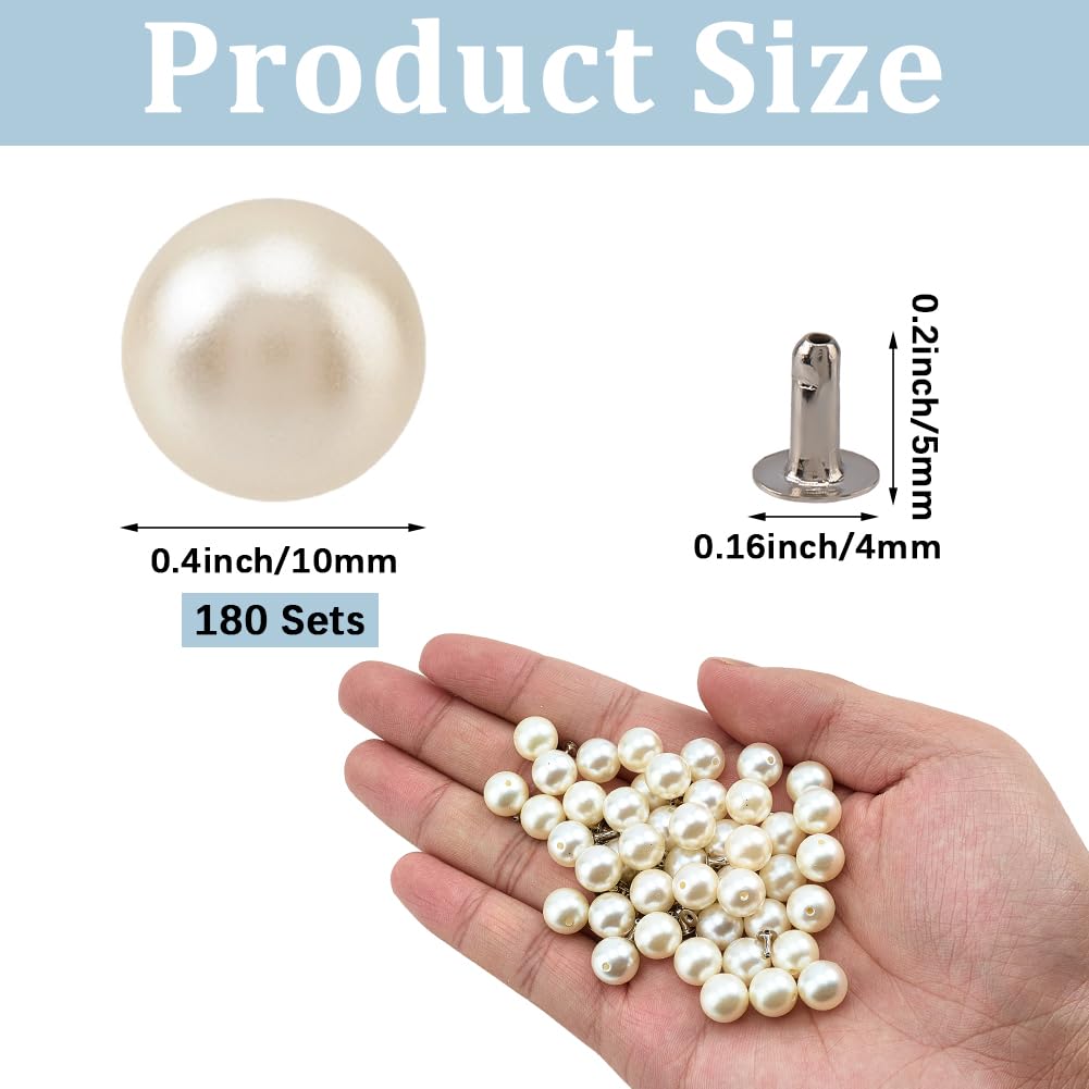 CALFOVERA 10mm Round Half Hole Pearl Rivet Studs 180PCS Leather Pearl Bead Rivet Buttons Spikes with Iron Findings for DIY Leather Clothing Craft Belts Hand Bags Hat Shoes Accessories