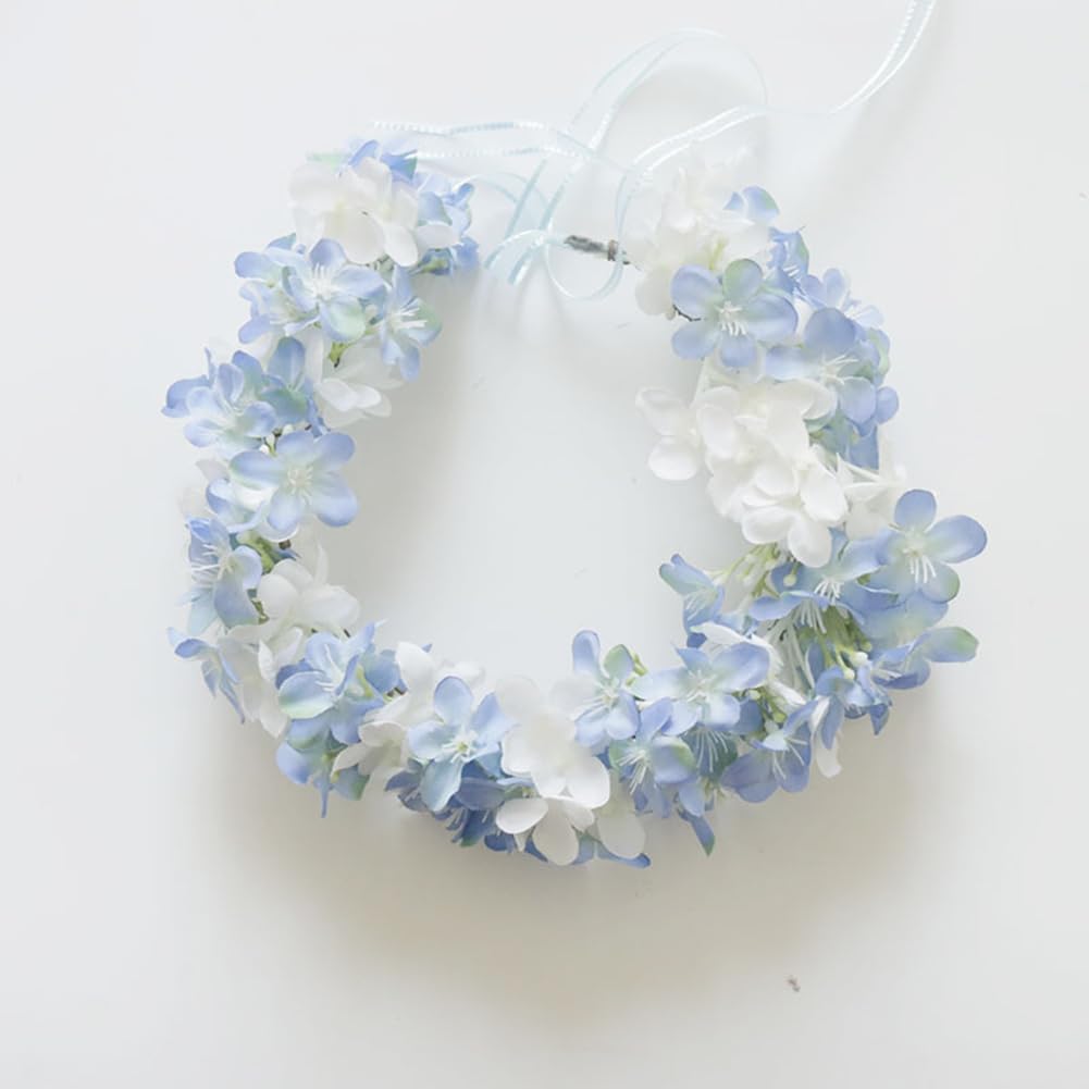 MAFELOE Floral Headband Garland, Adjustable Artificial Flower Headpieces with Ribbon for Women, Handmade Bridal Wedding Party Hairband-Blue+White
