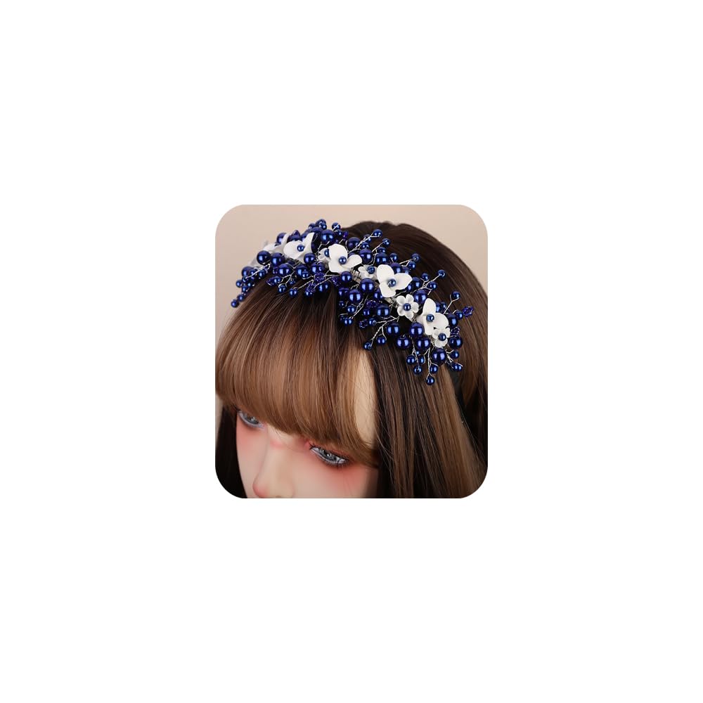 Lenjicons Elegant Faux Pearls Flower Headband White Flower Beads Wedding Headband Handmade Bridal Hair Crown Wedding Bridal Headpiece for Brides Bridesmaid (blue)