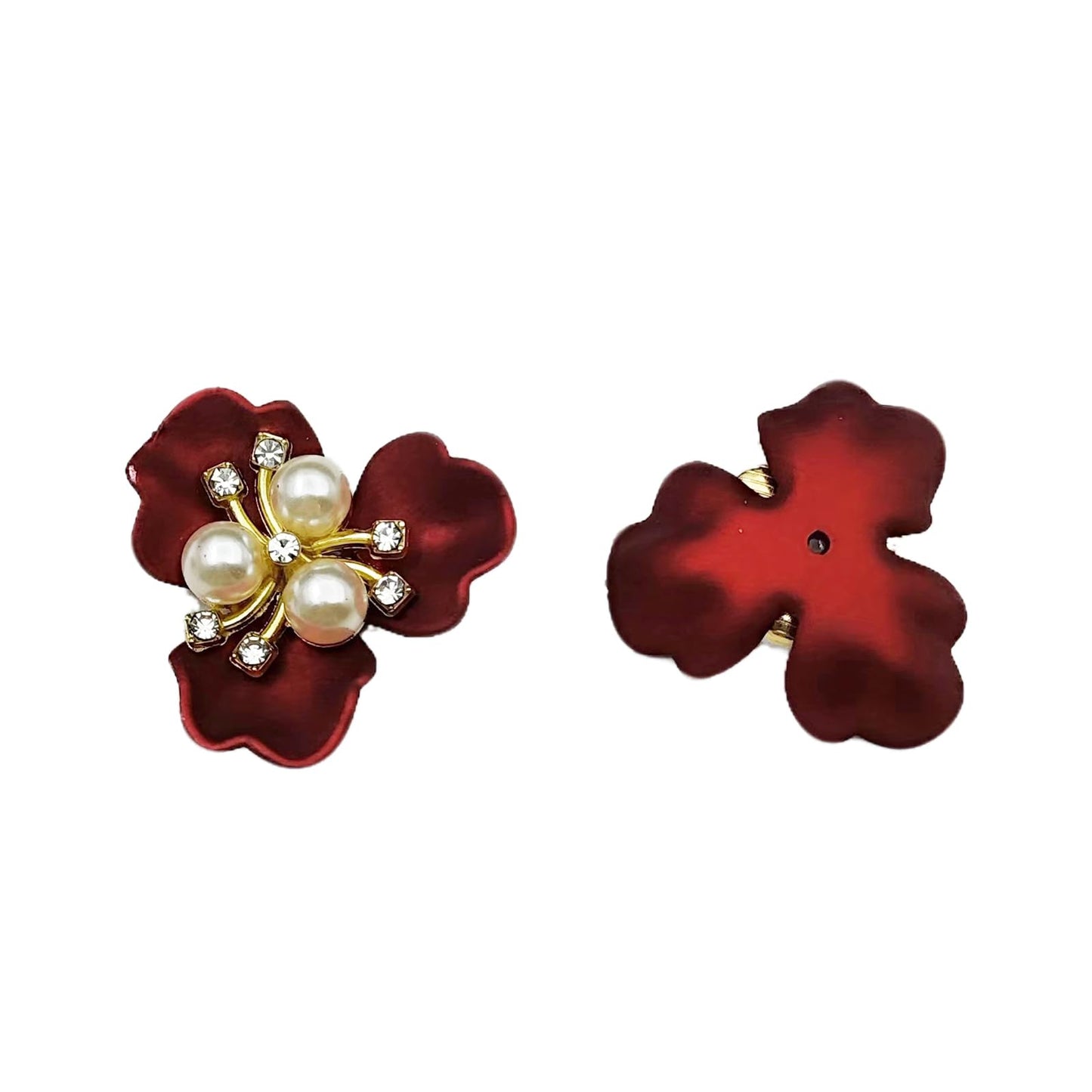 YOOGCORETT 10pcs Pearl Rhinestone Flat Back Embellishments Sew On Buttons Flower Buttons for DIY Craft, Bags Shoes Dress Decoration, 28 x 26mm, Red