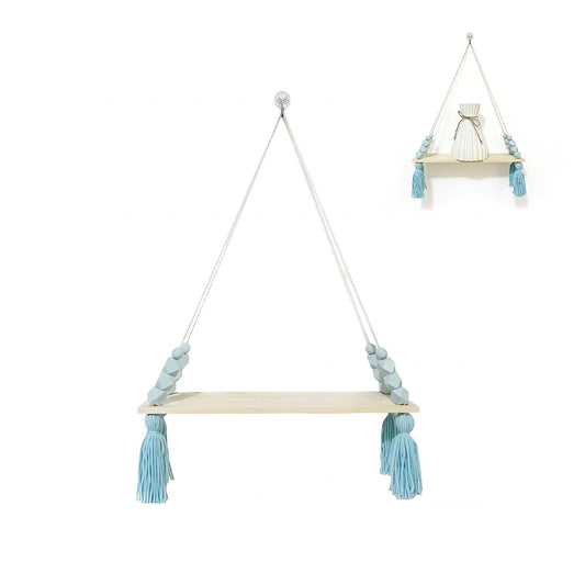 YueLvoe Floating Shelves, Hanging Shelf, Octagonal Bead Tassel Solid Wood Panel Shelf Decorative Floating Hanging Shelves, 1Pcs Boho Hanging Shelf for Living Room Bedroom Office (Blue)