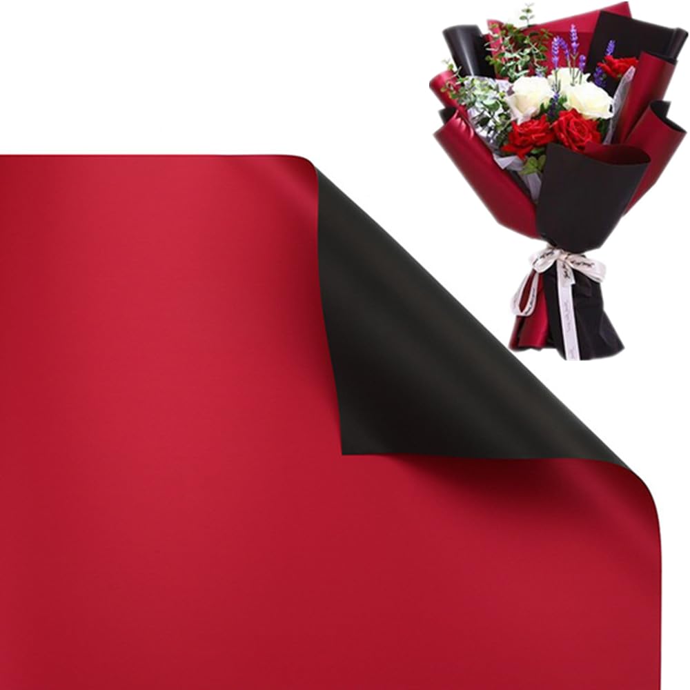 NatureMan 20 Sheets Double-Sided Colors Flower Wrapping Paper,Waterproof Valentine's Day Bouquet Wrapping Paper 22.8x22.8Inch Florist Supplies(Black+Wine red)