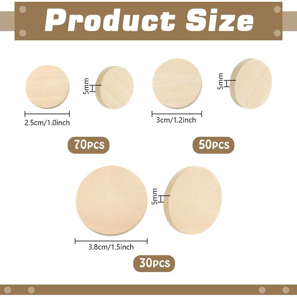 PH PandaHall 150pcs 3 Size Wooden Round Coin Blanks, 1/1.2/1.5inch Natural Wood Slices Unfinished Round Wood Coins Small Wooden Circle Discs for DIY Arts Crafts Jewelry Making Ornaments