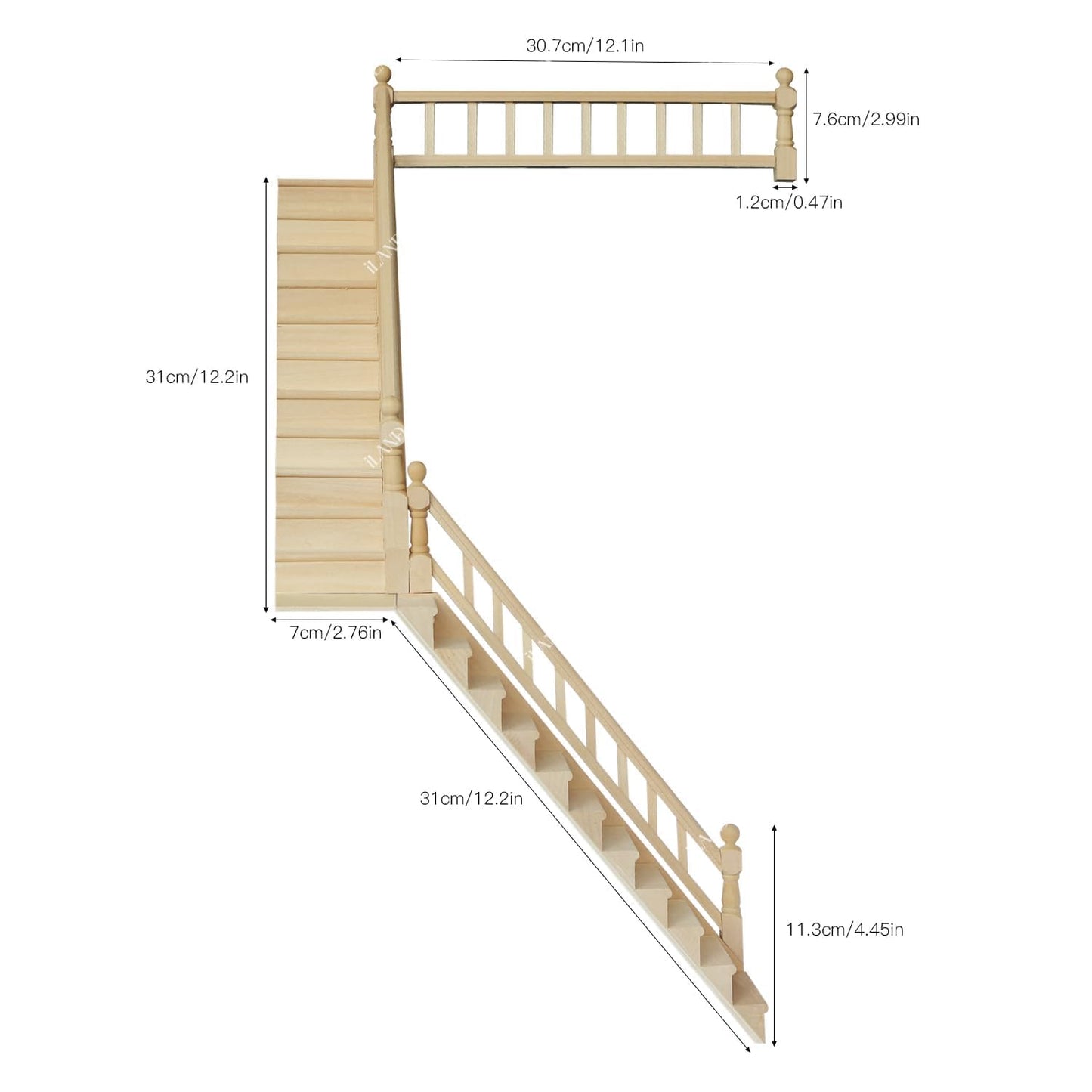 iLAND 1/12 Scale Accessories of Miniature Wooden Dollhouse Staircase with Adjustable Handrails and DIY Railing Complete 2 Stairs Sets for Modern or Victorian Dollhouse Building