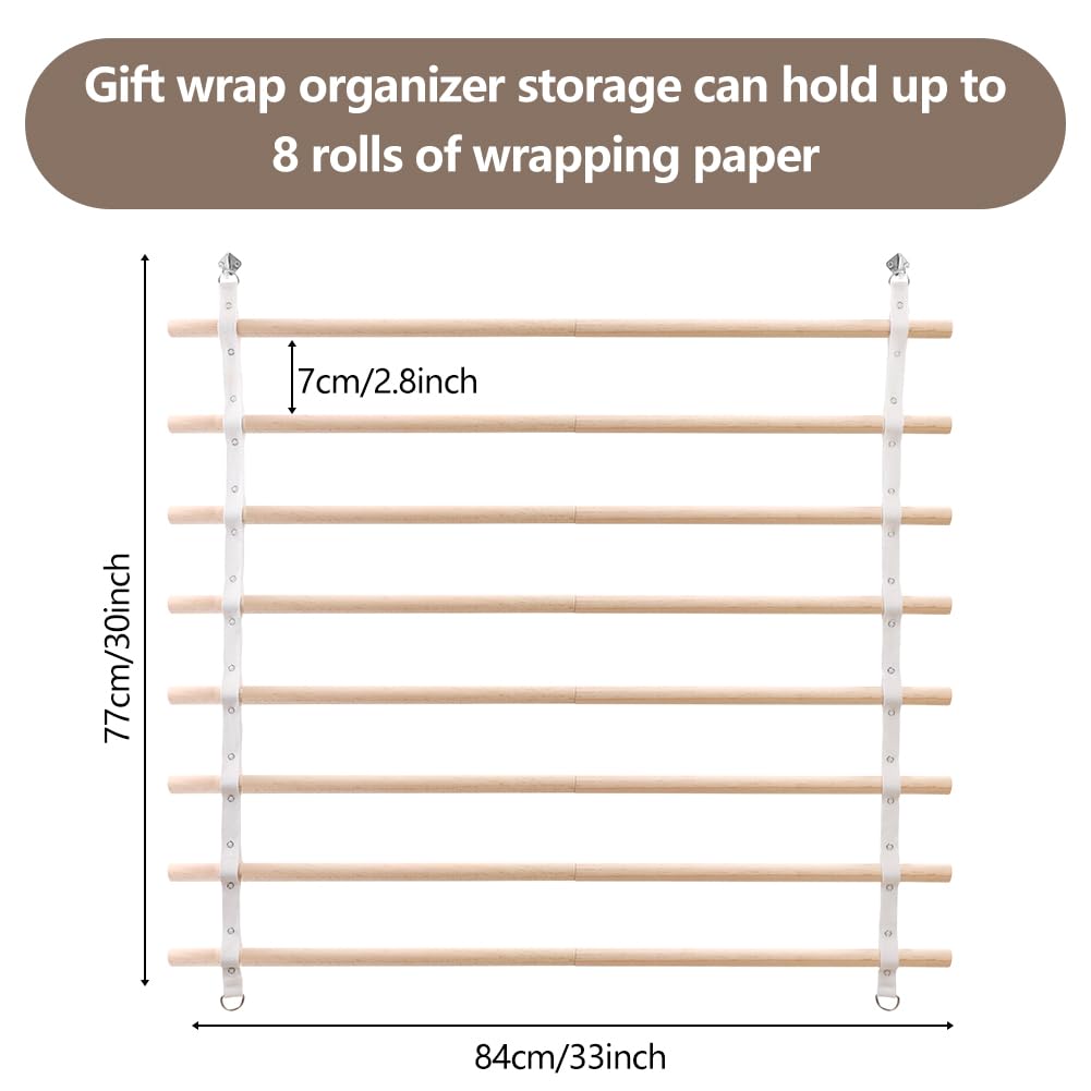 COZFUR Wooden Ribbon Holder Organizer Rack, 8 Tier Wall Mounted Gift Wrapping Holder, Ribbon Spool Dispenser for Craft Room, Flower Shop